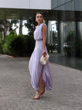 Alondra Purple Sleeveless High-Waisted Slit Long Dress