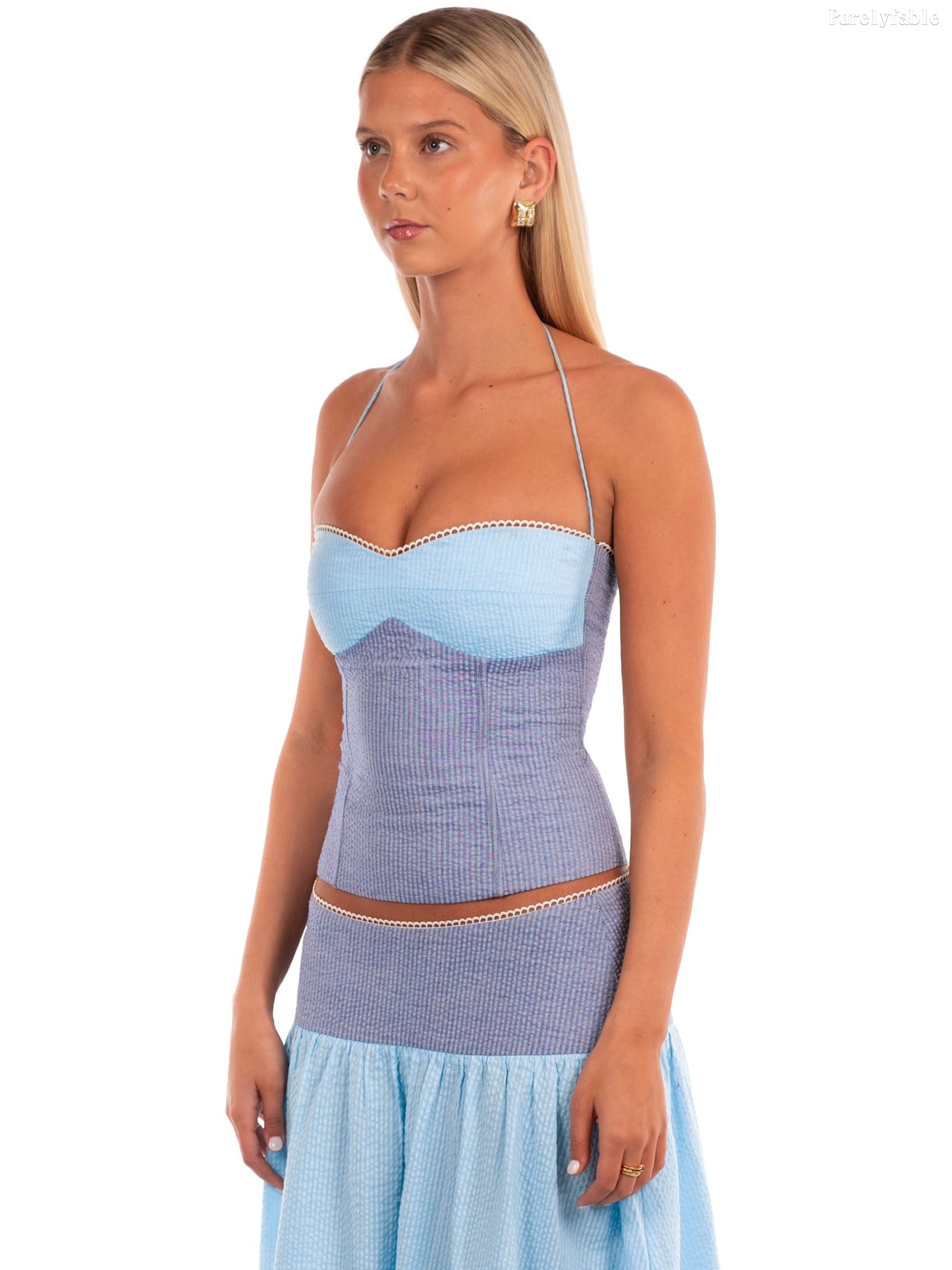 Lenora Sky Blue Hanging Neck Top With Exposed Navel Two-Piece Set