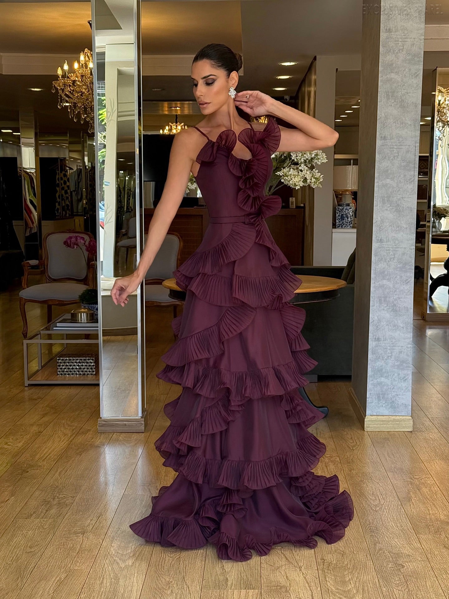 Sarah Long Dress With Dark Purple-Red Ruffled Edges