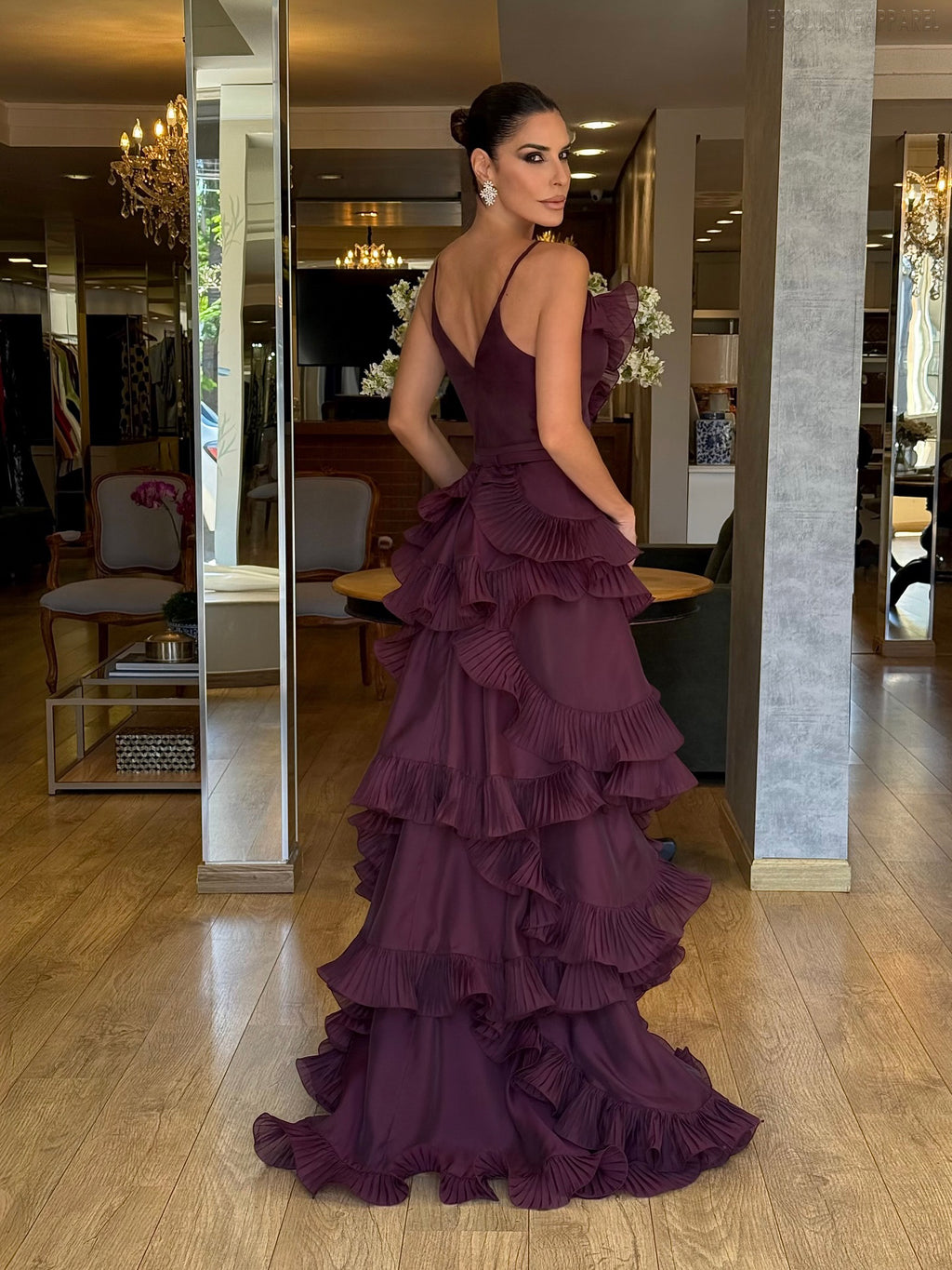 Sarah Long Dress With Dark Purple-Red Ruffled Edges