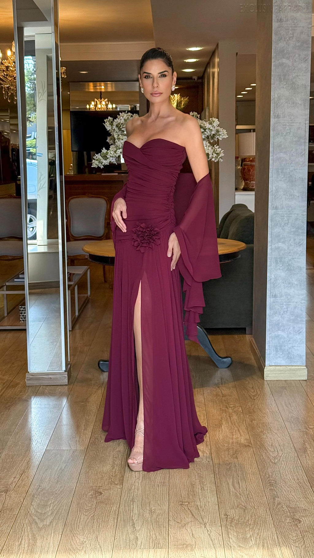 Allison Wine Red Strapless Pleated Long Evening Dress