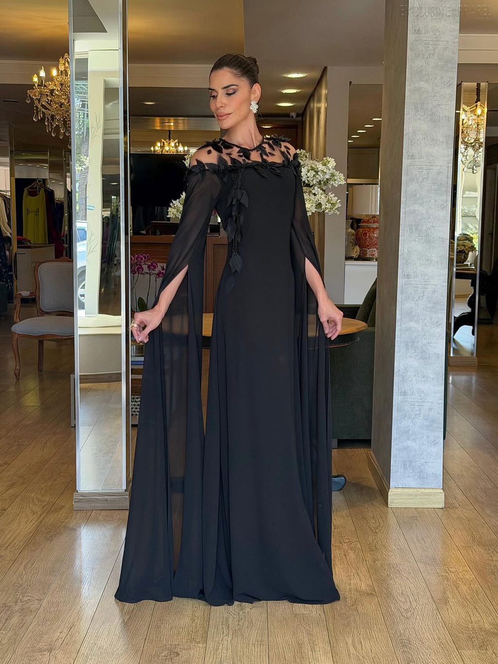 Savannah Black Sheer Collar Cape-Style Dress
