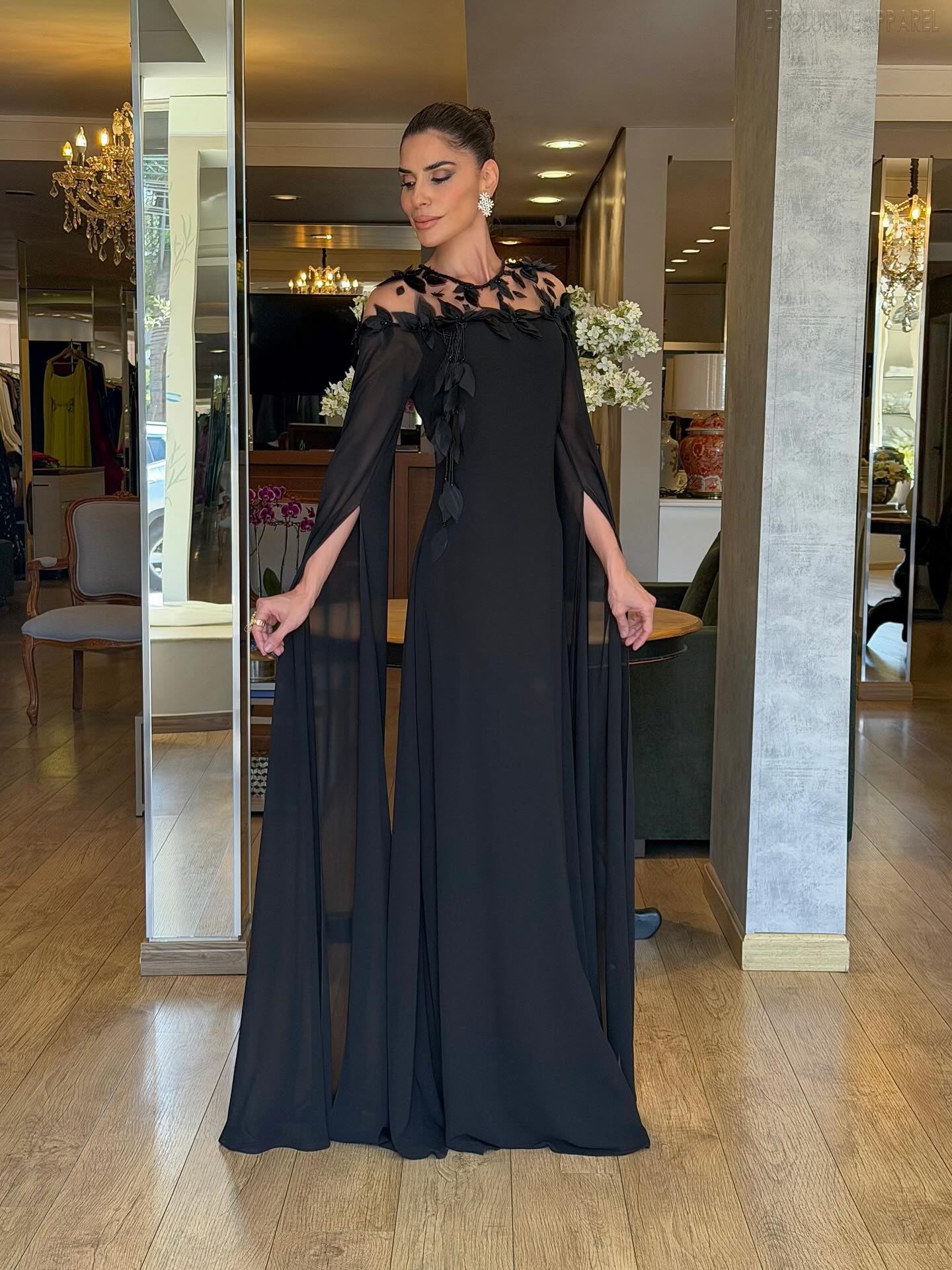Savannah Black Sheer Collar Cape-Style Dress