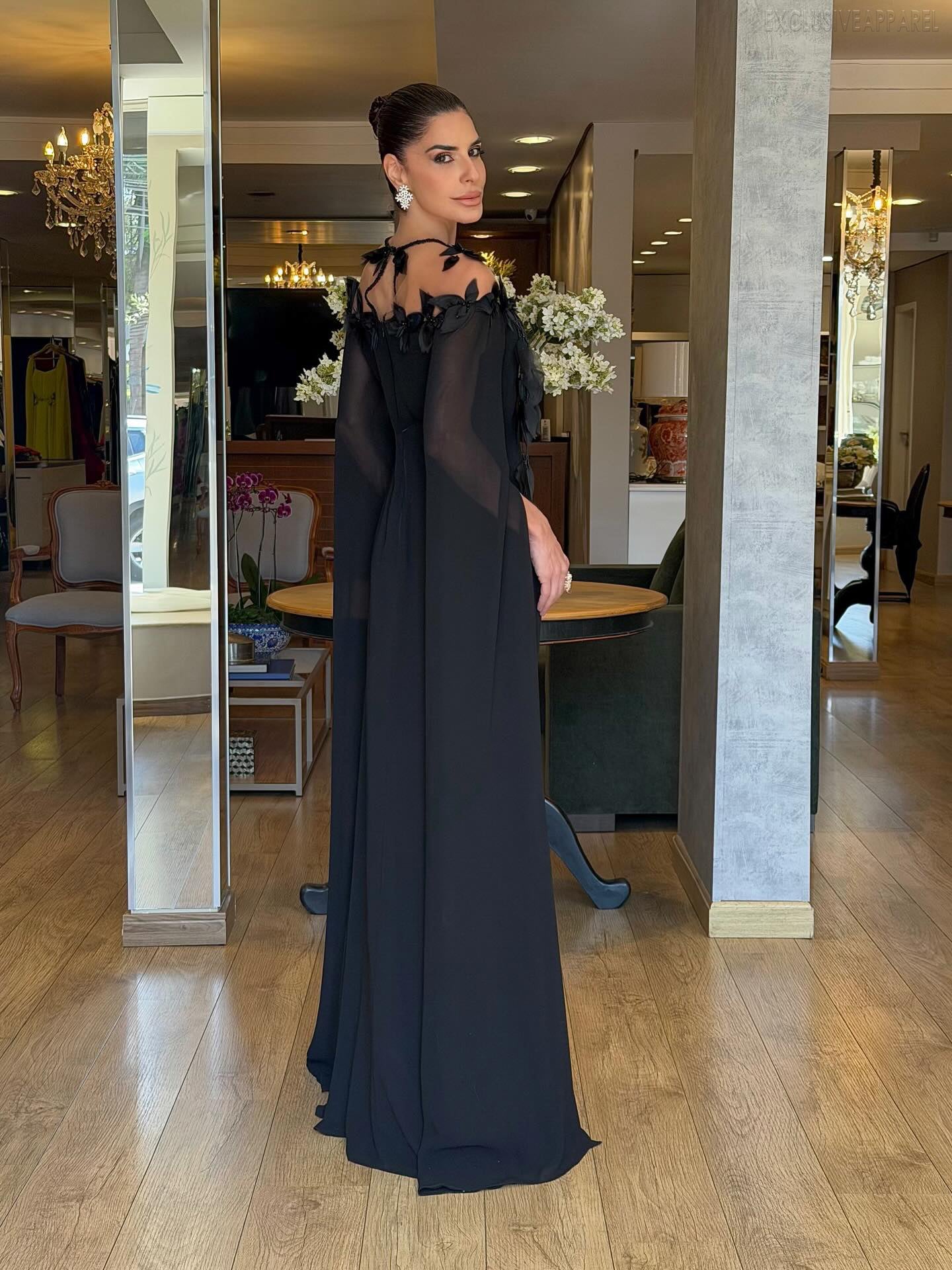 Savannah Black Sheer Collar Cape-Style Dress