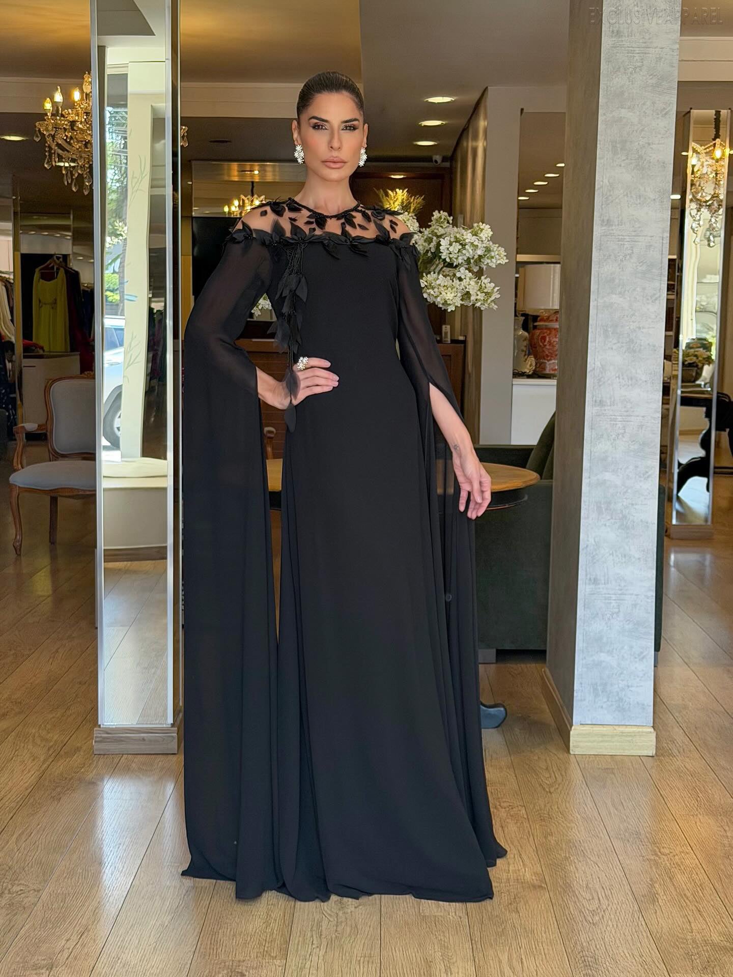 Savannah Black Sheer Collar Cape-Style Dress