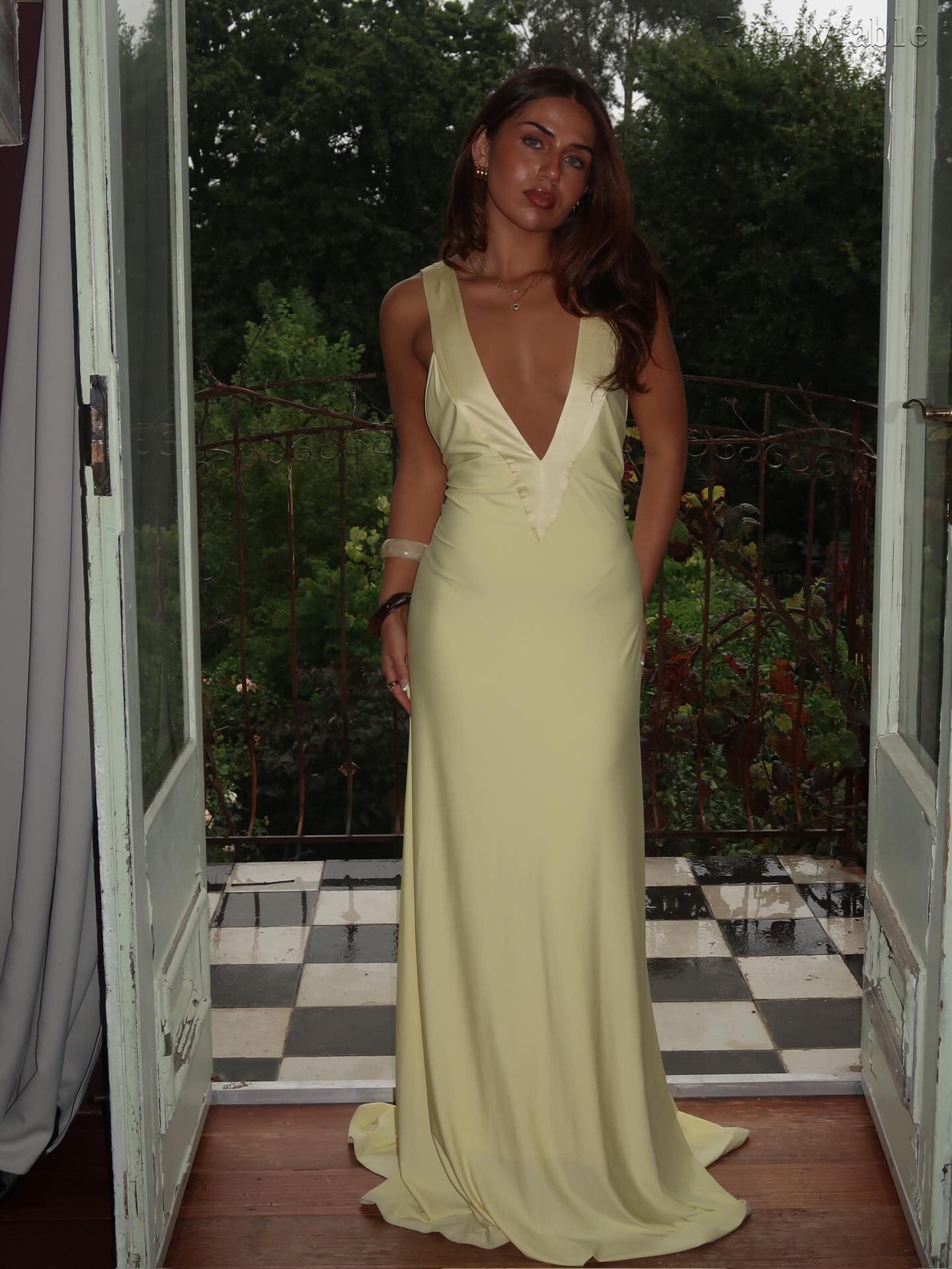 Clarissa Yellow Sleeveless Deep V-neck Evening Dress
