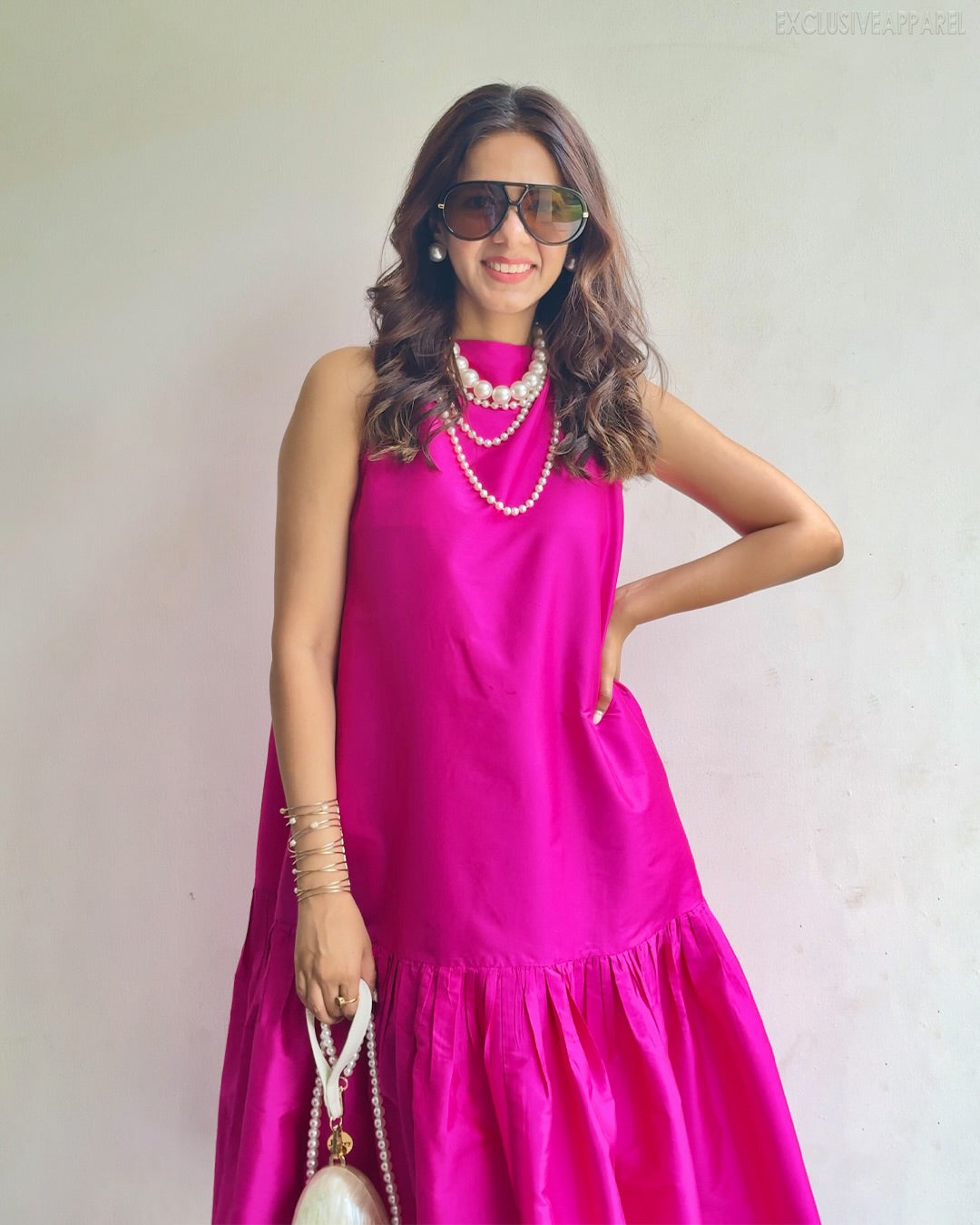 Natalie Rose Red Sleeveless High-necked Frill Mid-Length Dress