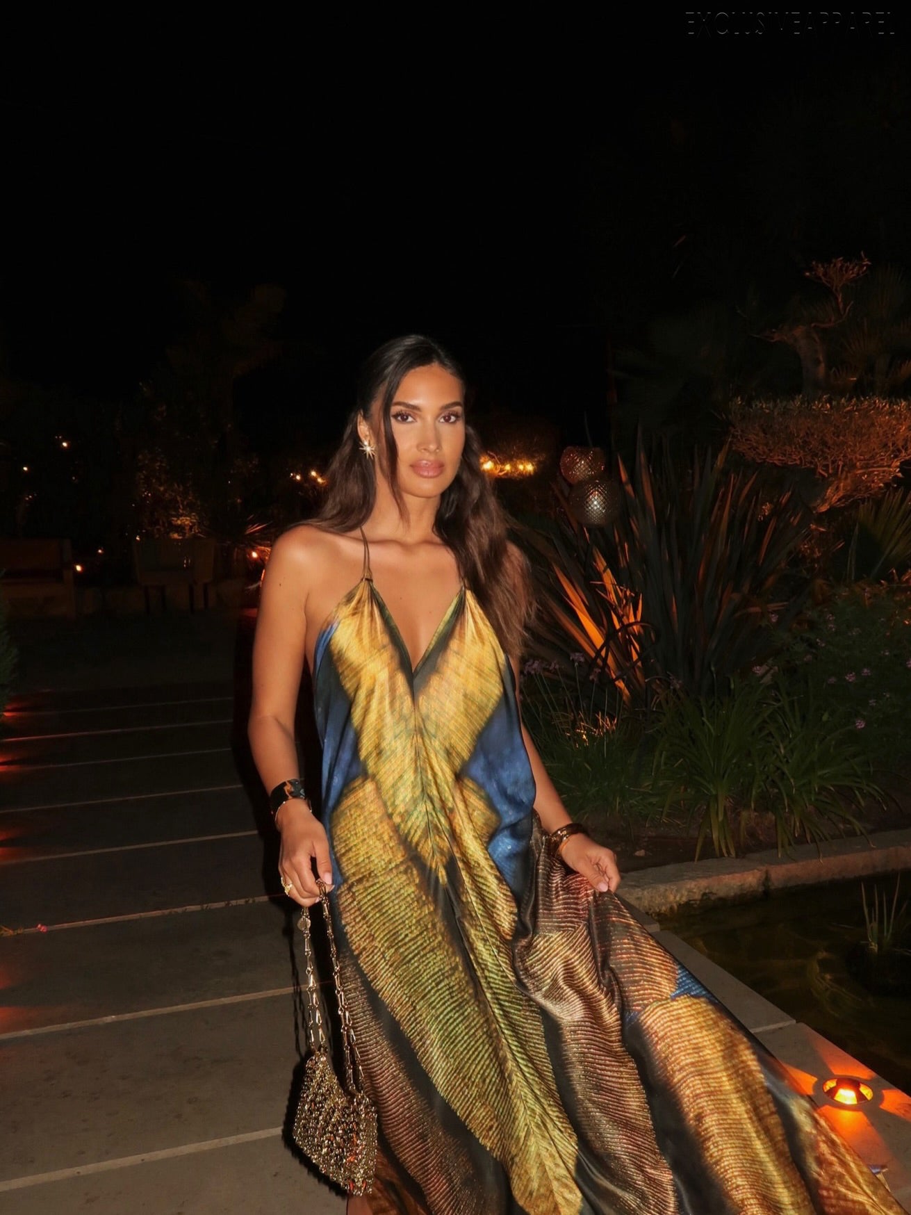 Ariana Multi-Color Neck-wrap V-Neck Flowing Long Dress