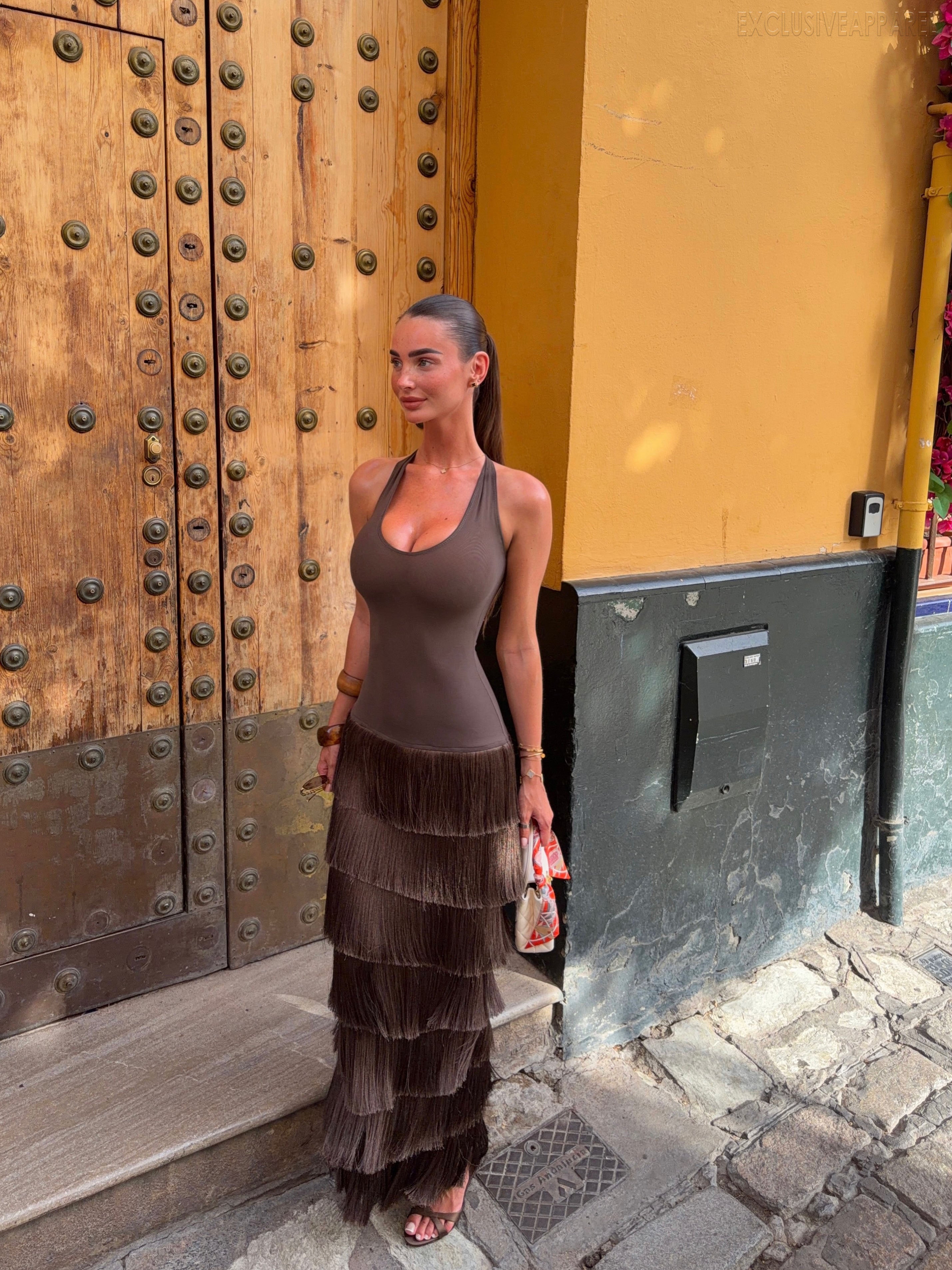 Eliza Brown Halter Neck Multi-Layer Long Dress