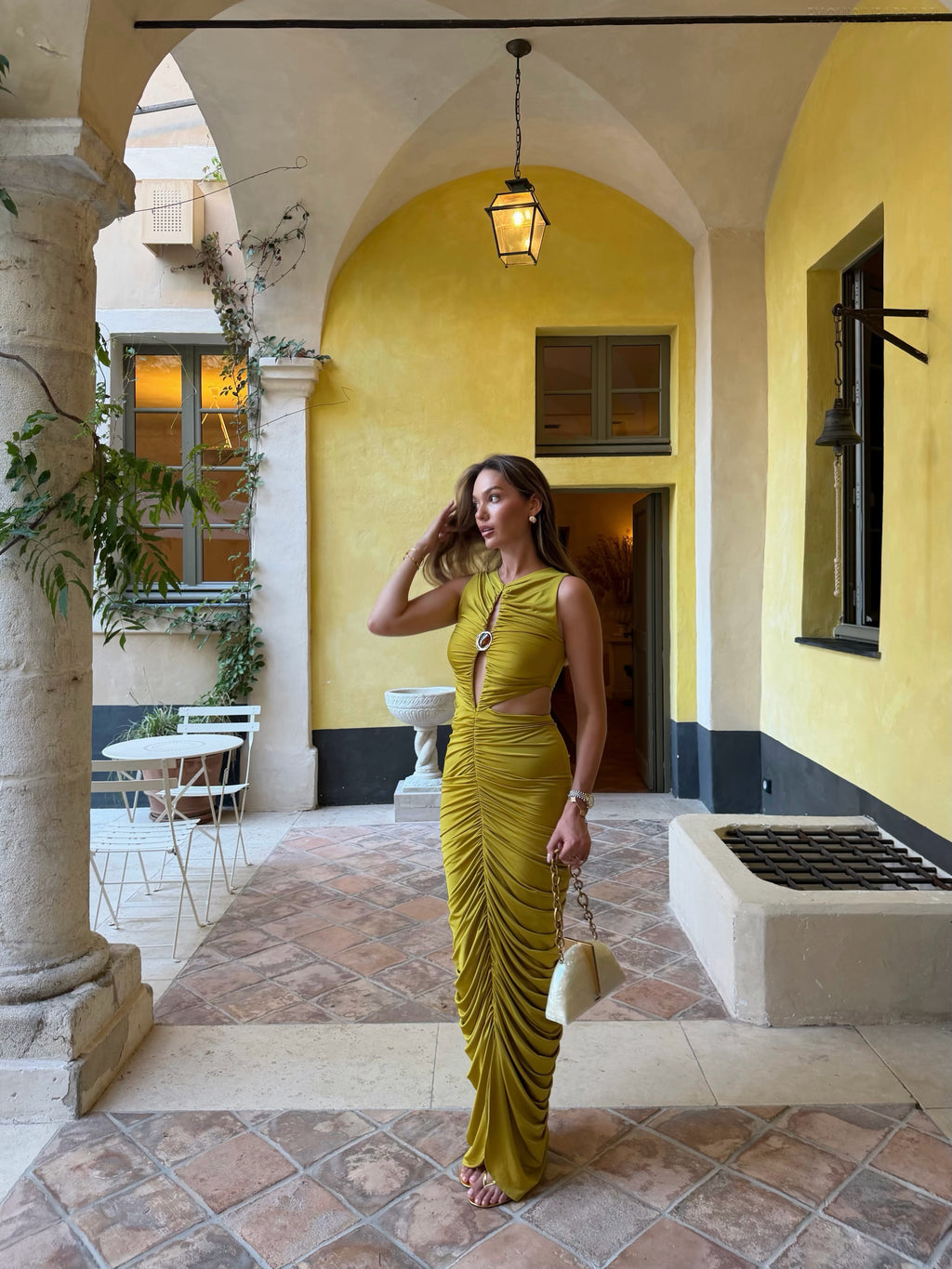 Adelaide Yellow Sleeveless Open-Length Long Dress