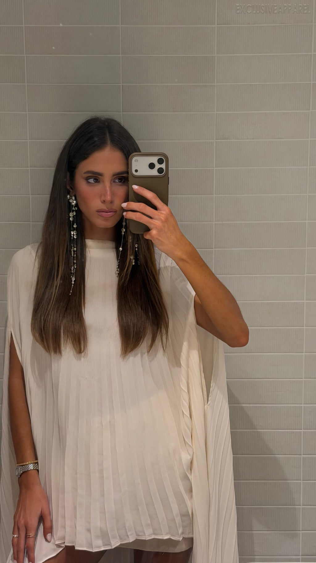 Everly White High-Neck Pleated High Slit Long Dress