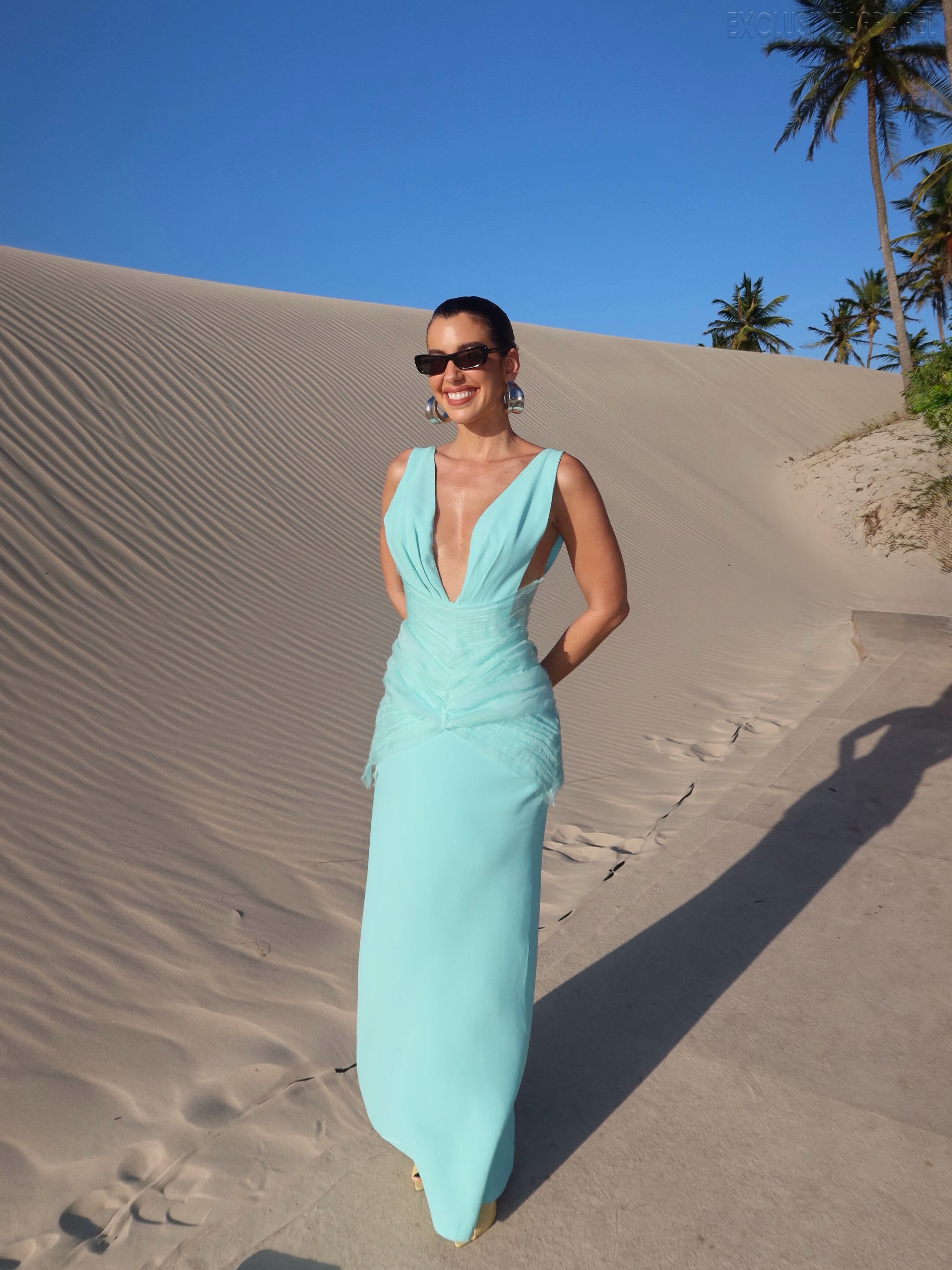 Eloise Blue Deep V Pleated Long Dress