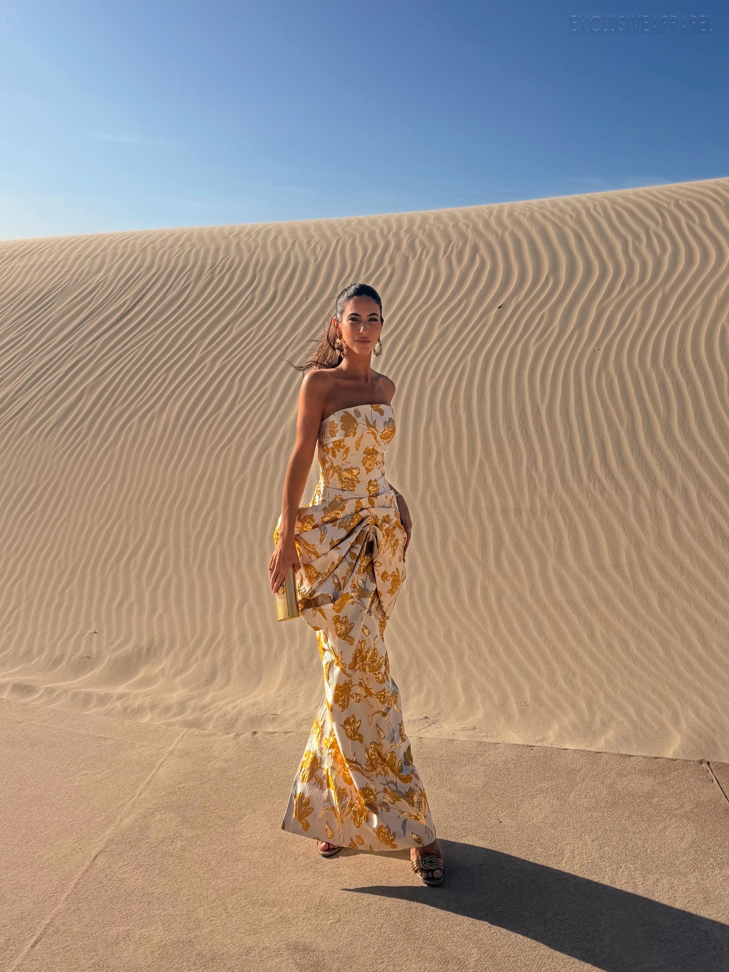 Rose Yellow Camisole Twisted Pleated Long Dress
