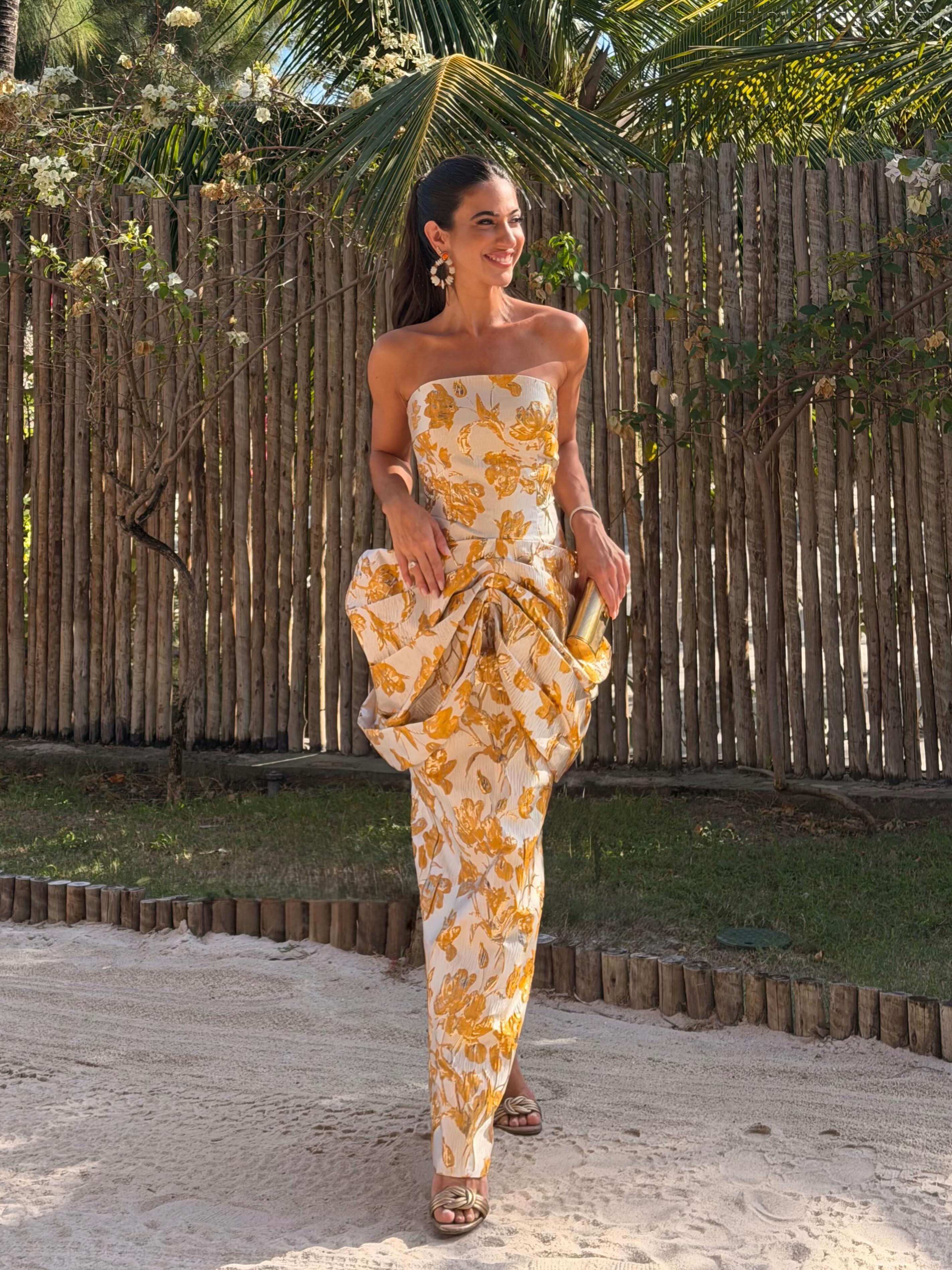 Rose Yellow Camisole Twisted Pleated Long Dress