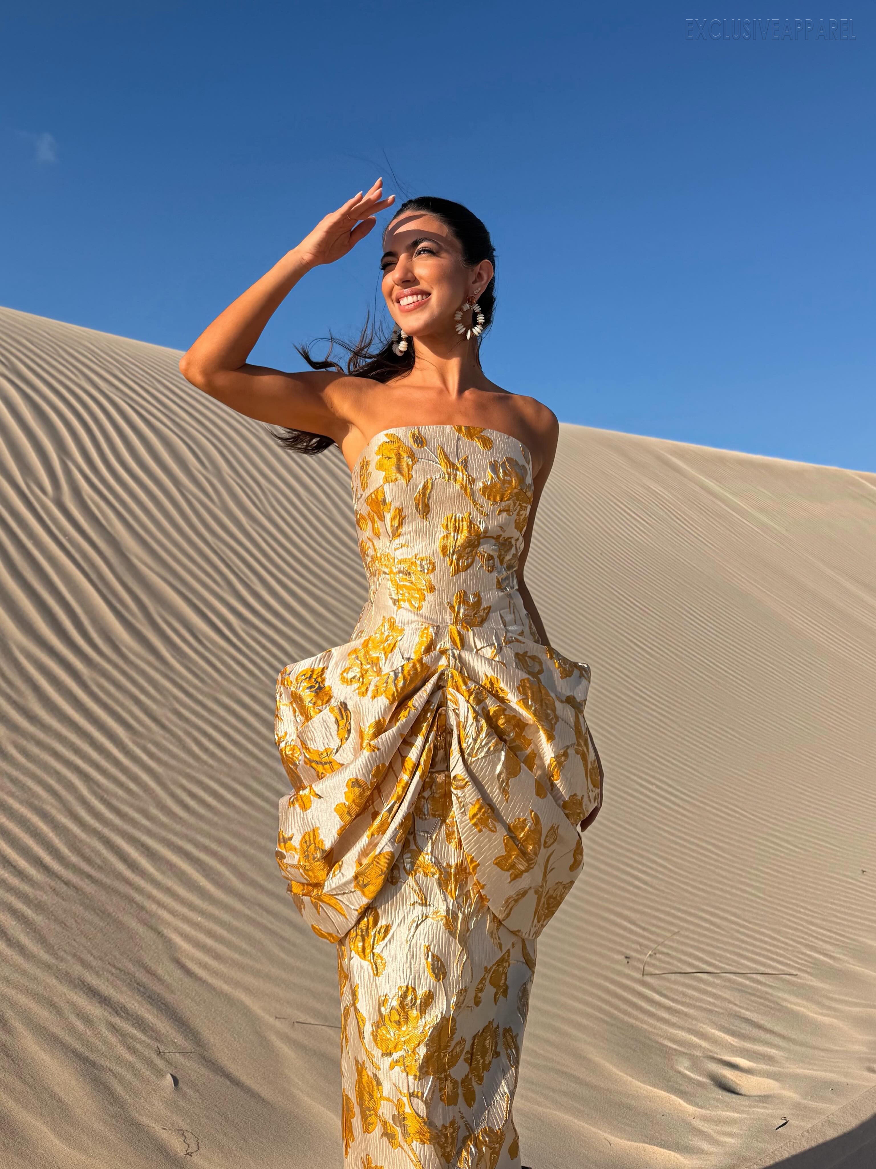 Rose Yellow Camisole Twisted Pleated Long Dress