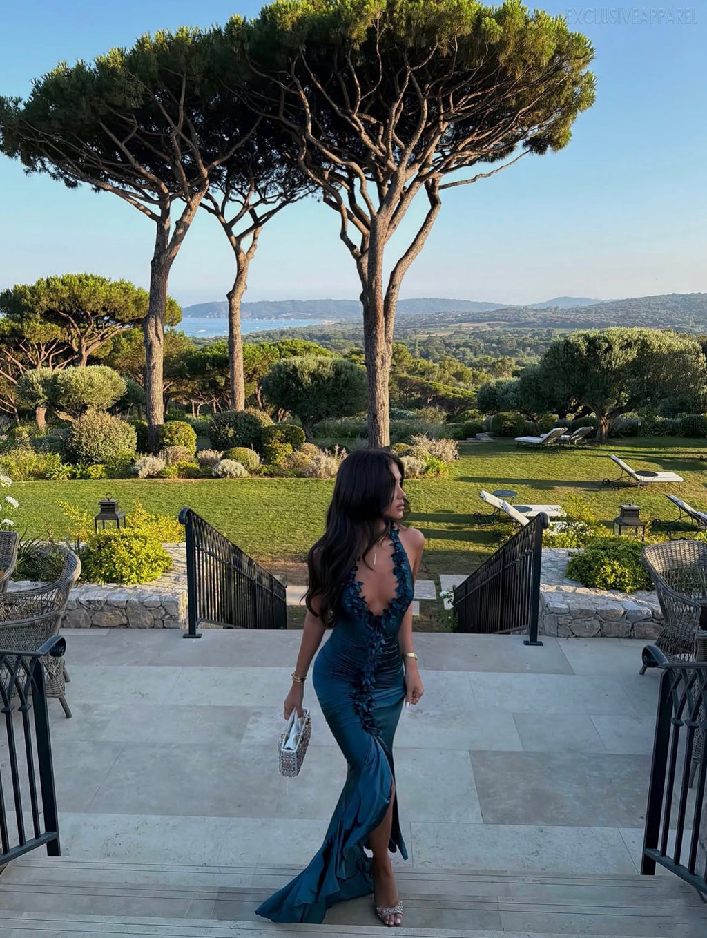 Emilia Deep Blue Neckline Deep V Slit Floor-Length Dress
