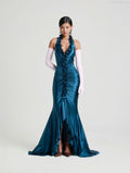 Emilia Deep Blue Neckline Deep V Slit Floor-Length Dress