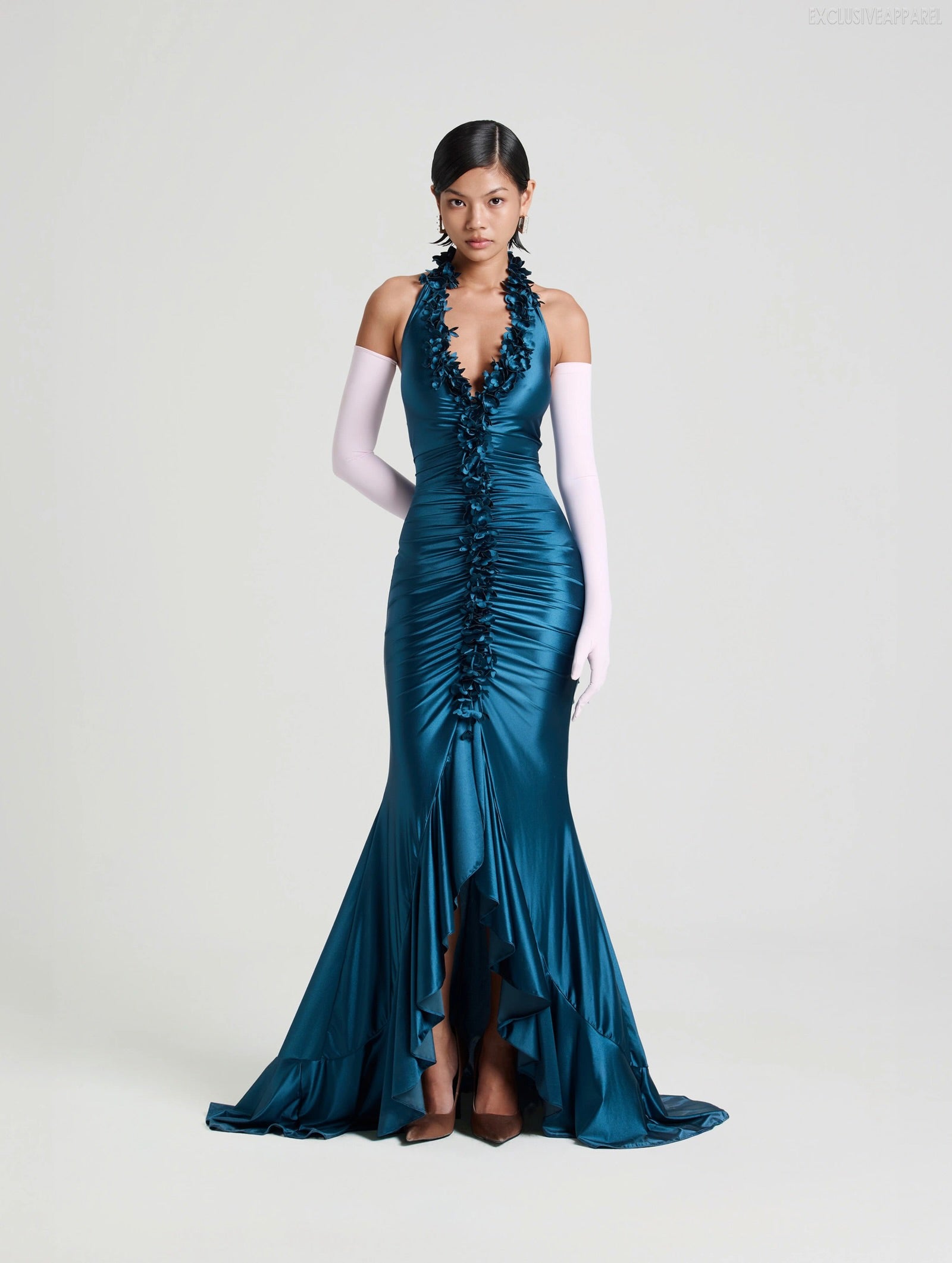 Emilia Deep Blue Neckline Deep V Slit Floor-Length Dress