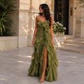 Heidi Green Strapless Frill-Edged V-Neck Dress