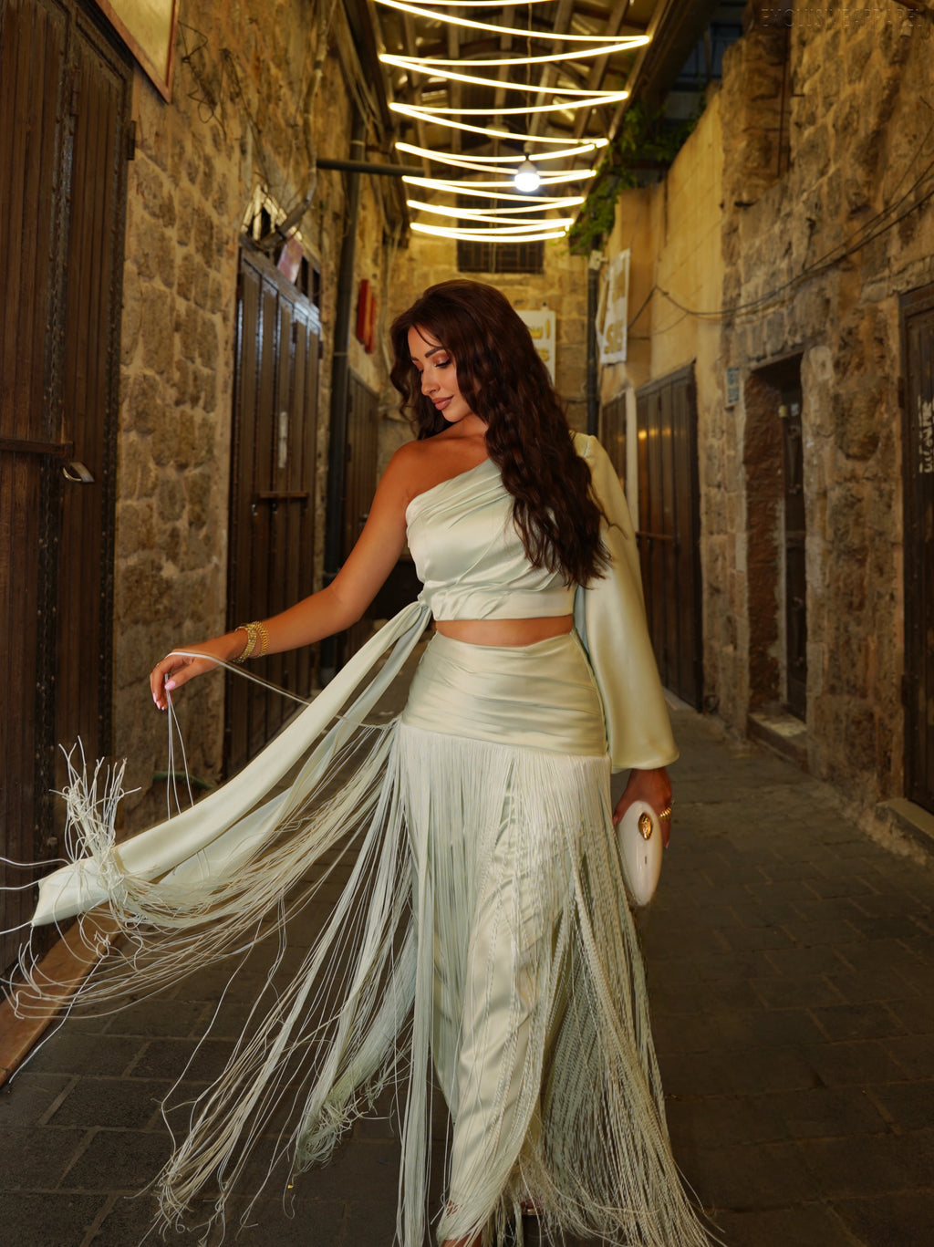 Isadora Light Blue Single-Shoulder Fringe Long Dress Two of Set
