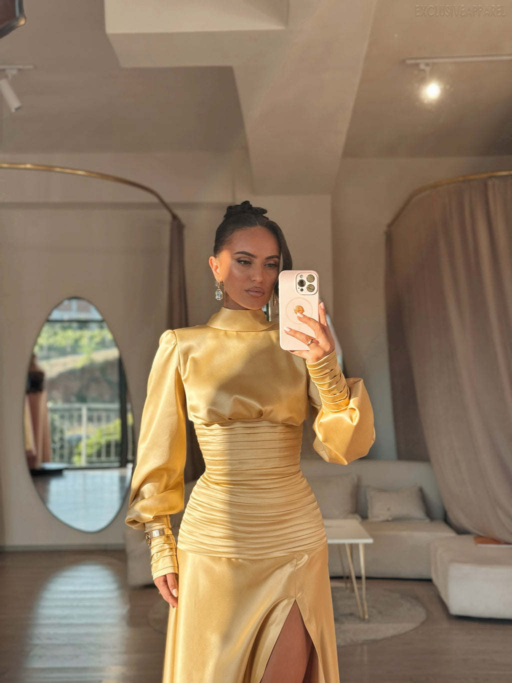 Valentina Golden Bubble Sleeve High Slit Long Dress