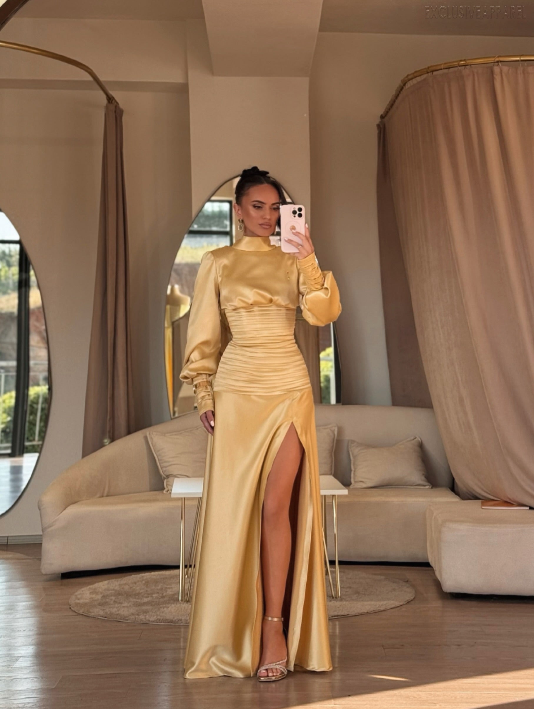Valentina Golden Bubble Sleeve High Slit Long Dress