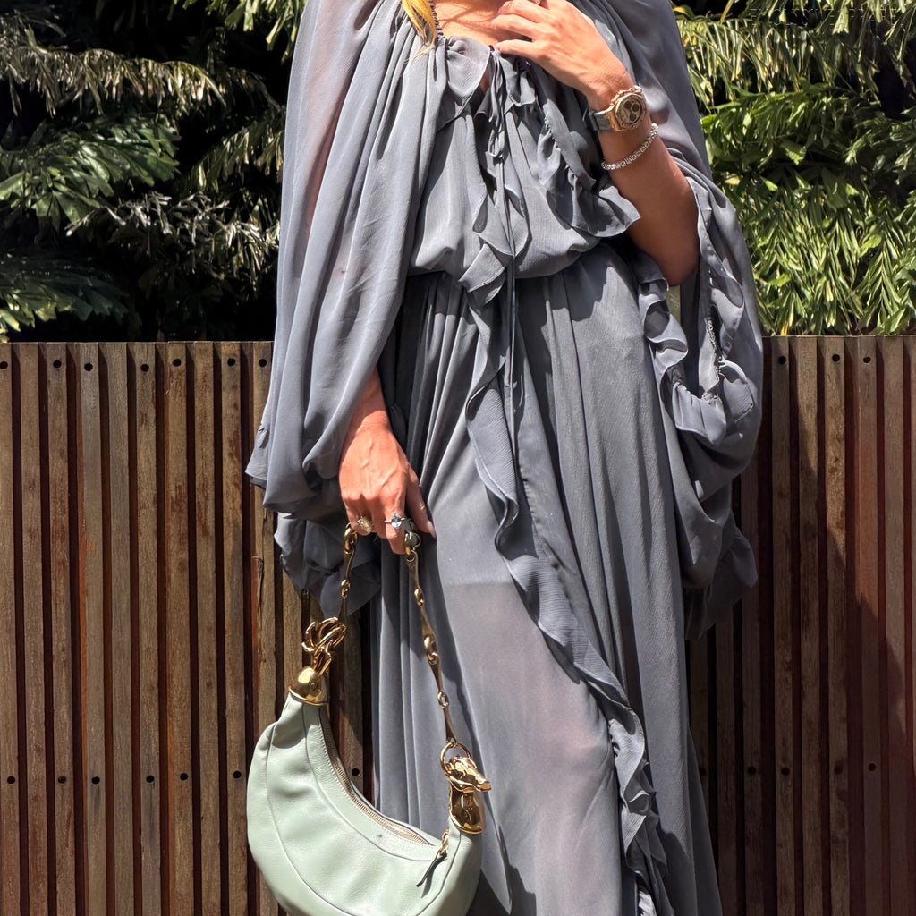 Piper Grey V-neck Cap Sleeve Long Dress