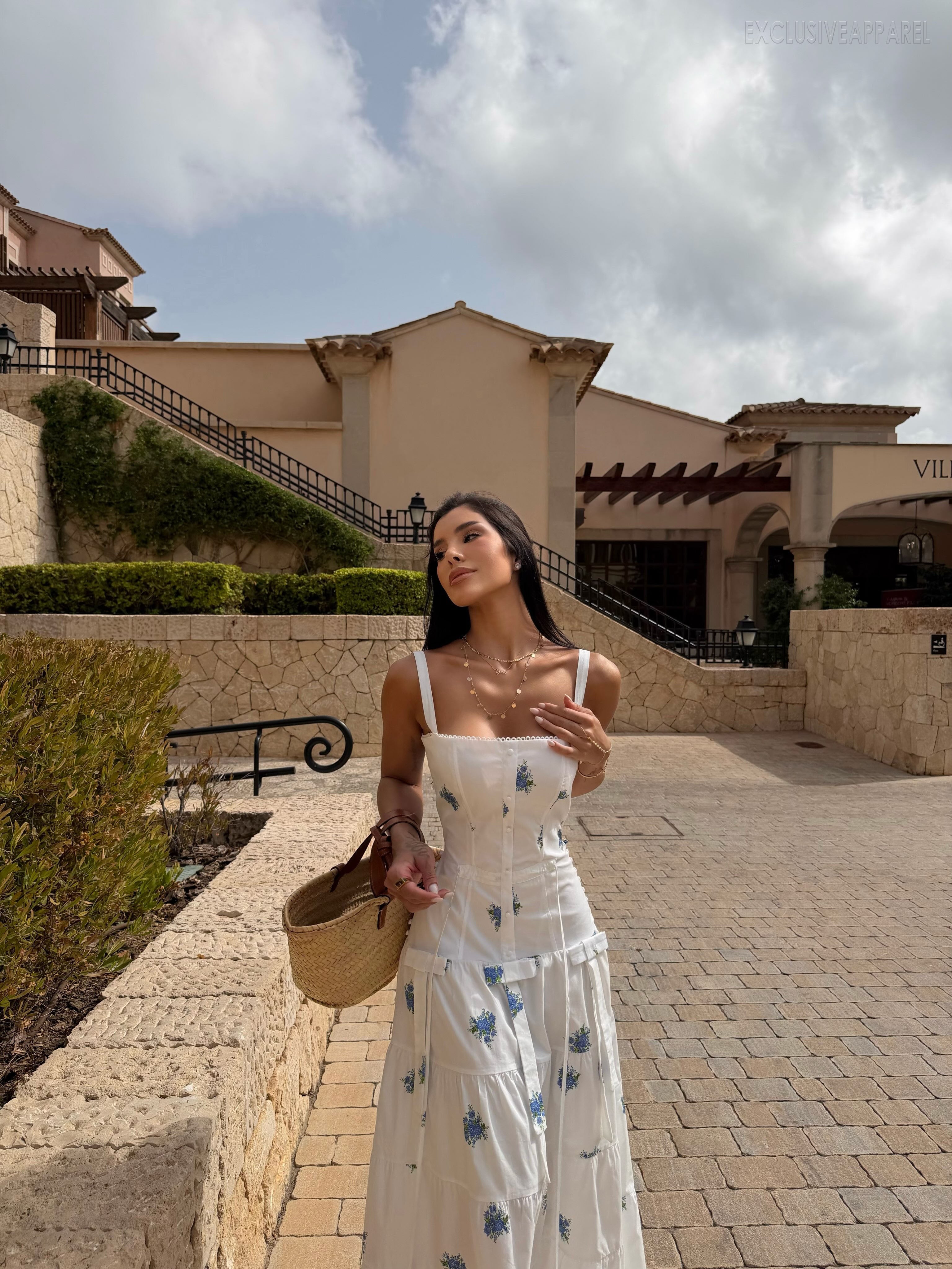 Luna White Off-shoulder Layered Print Long Dress