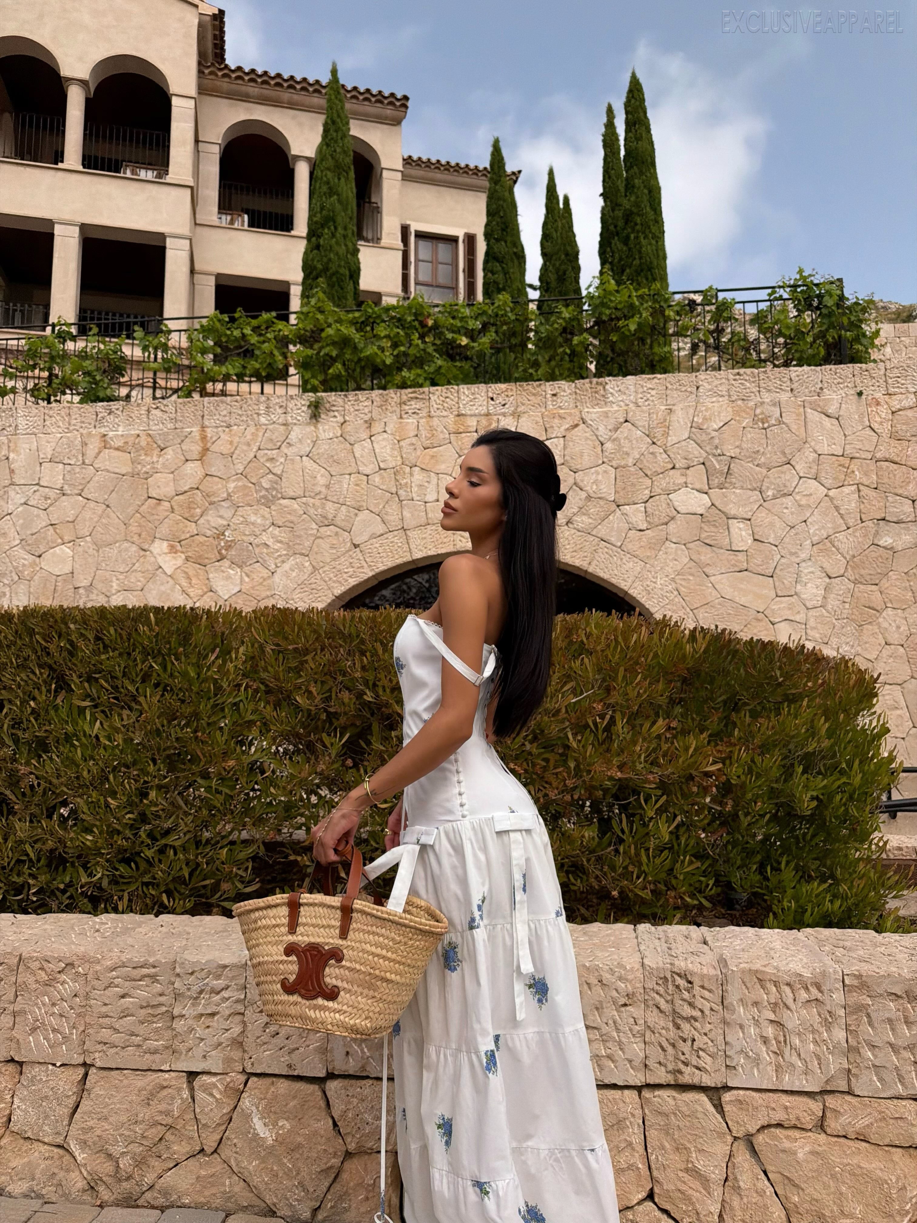 Luna White Off-shoulder Layered Print Long Dress