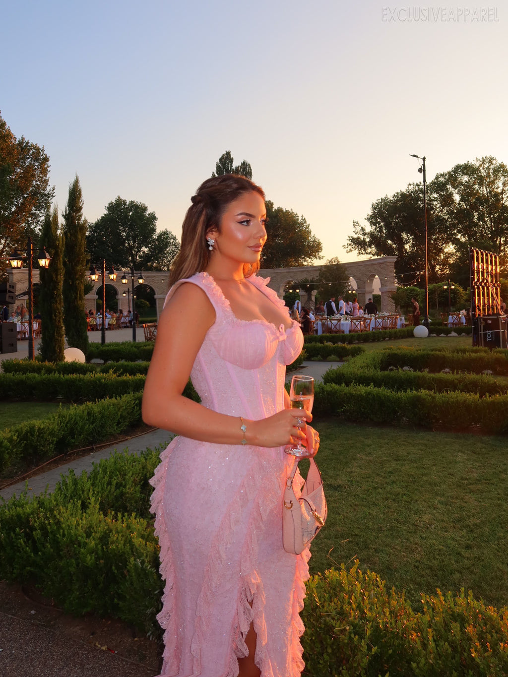 Eliana Pink Heart-shaped Collar Boatneck Long Dress