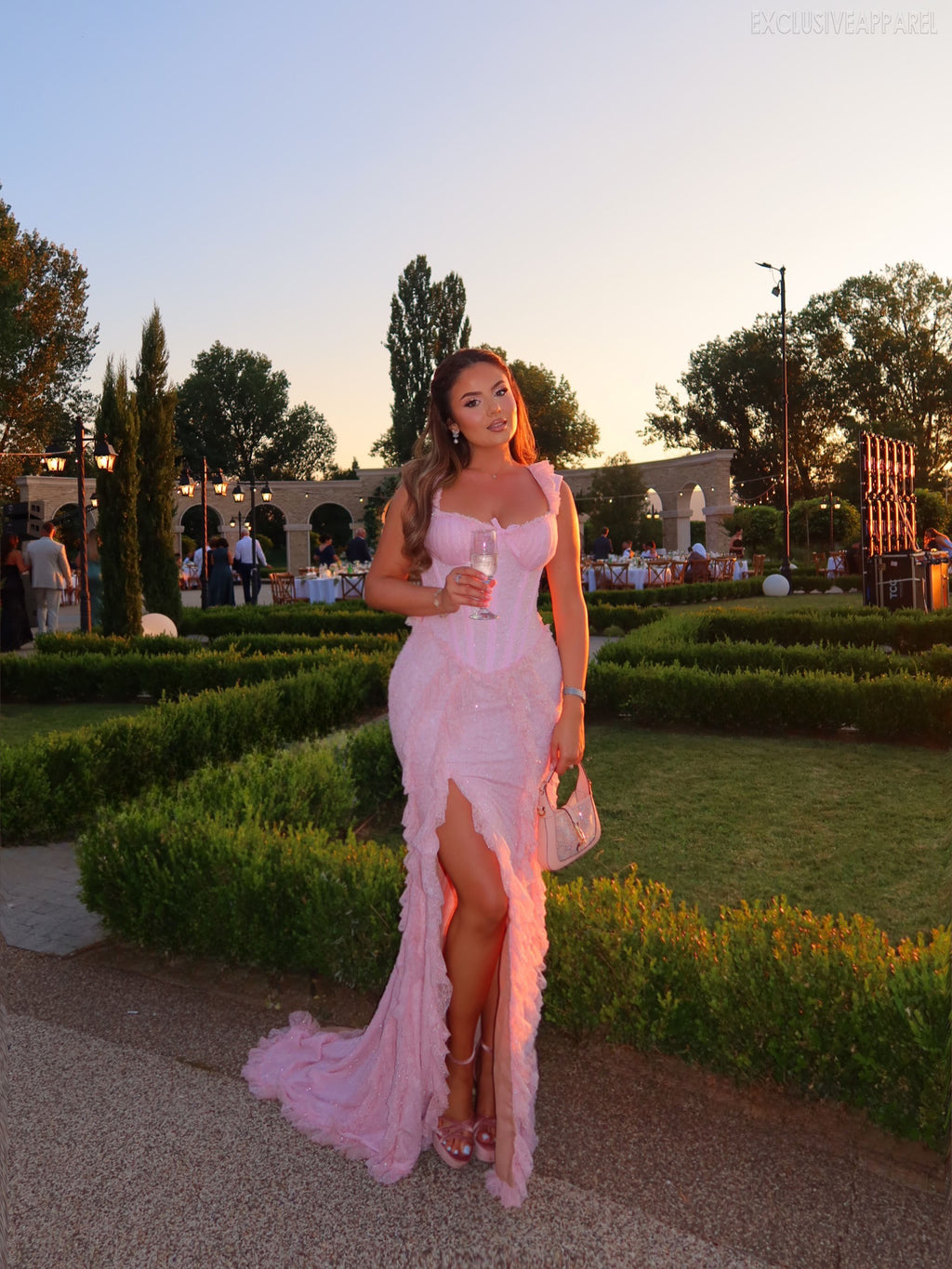 Eliana Pink Heart-shaped Collar Boatneck Long Dress