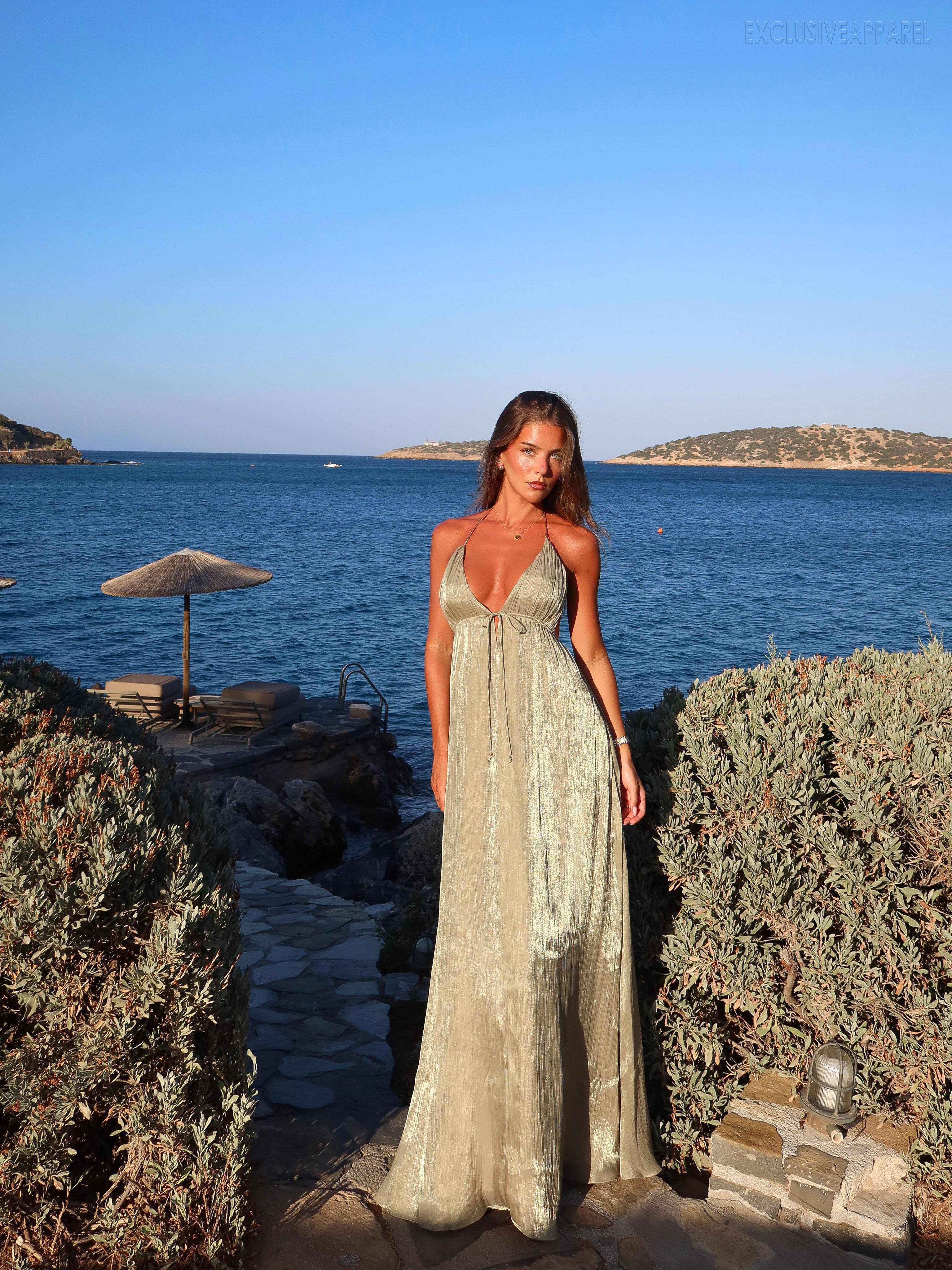 Sabrina Champagne-Colored Neckline Backless Dress