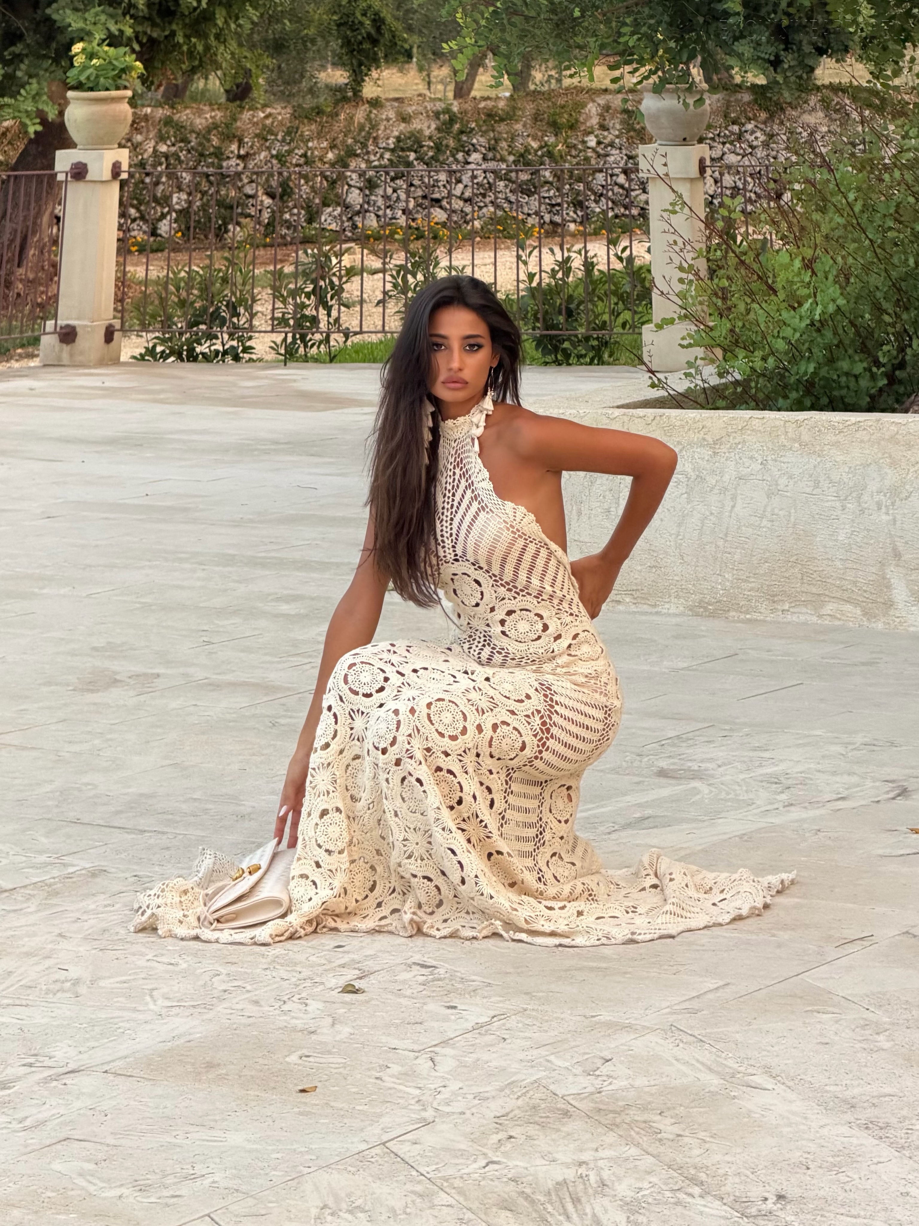 Evaline Beige Halter Neck Crochet Floor-Length Dress