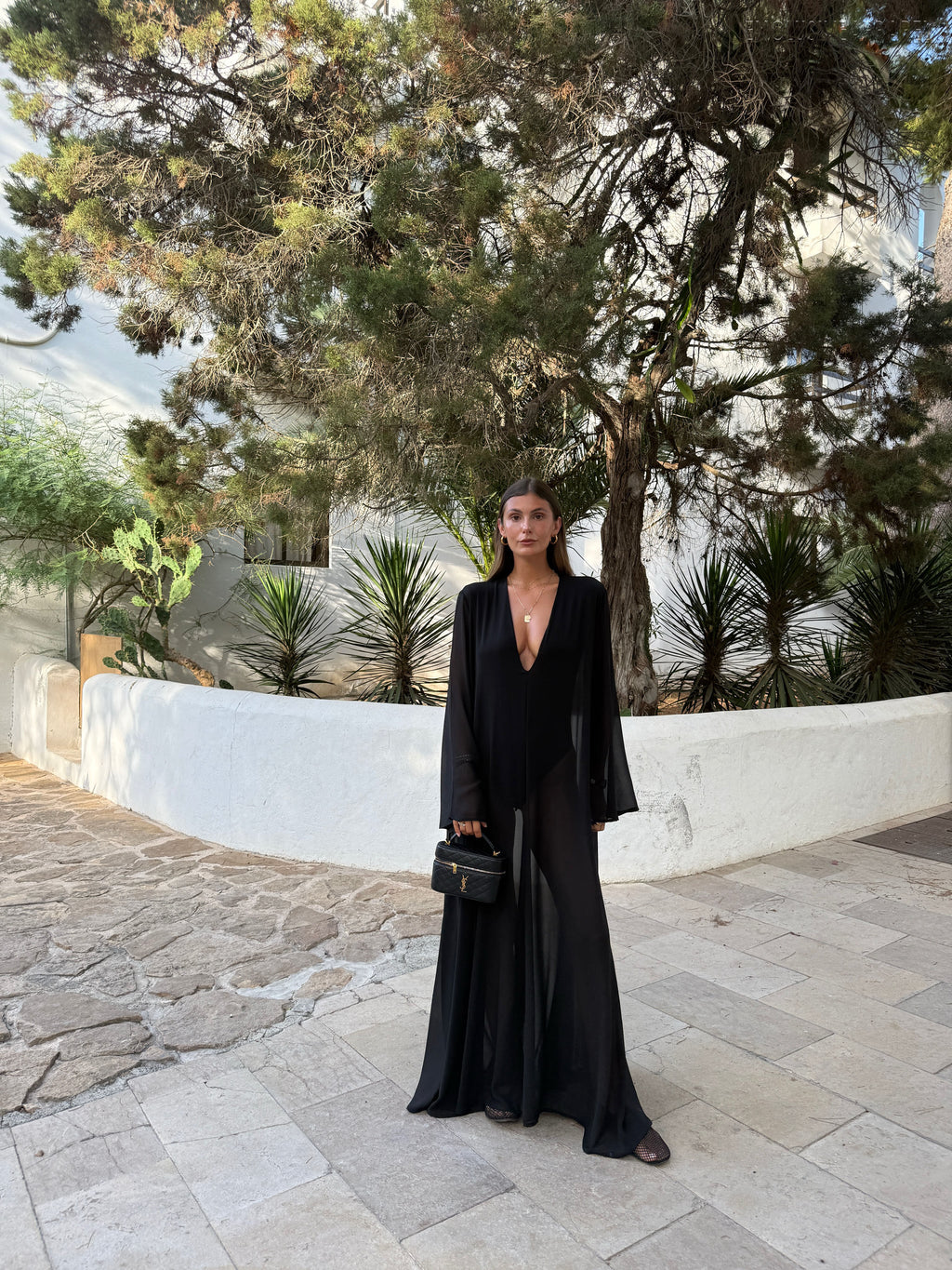 Guinevere Black Deep V-Neck Flared Sleeve Long Dress