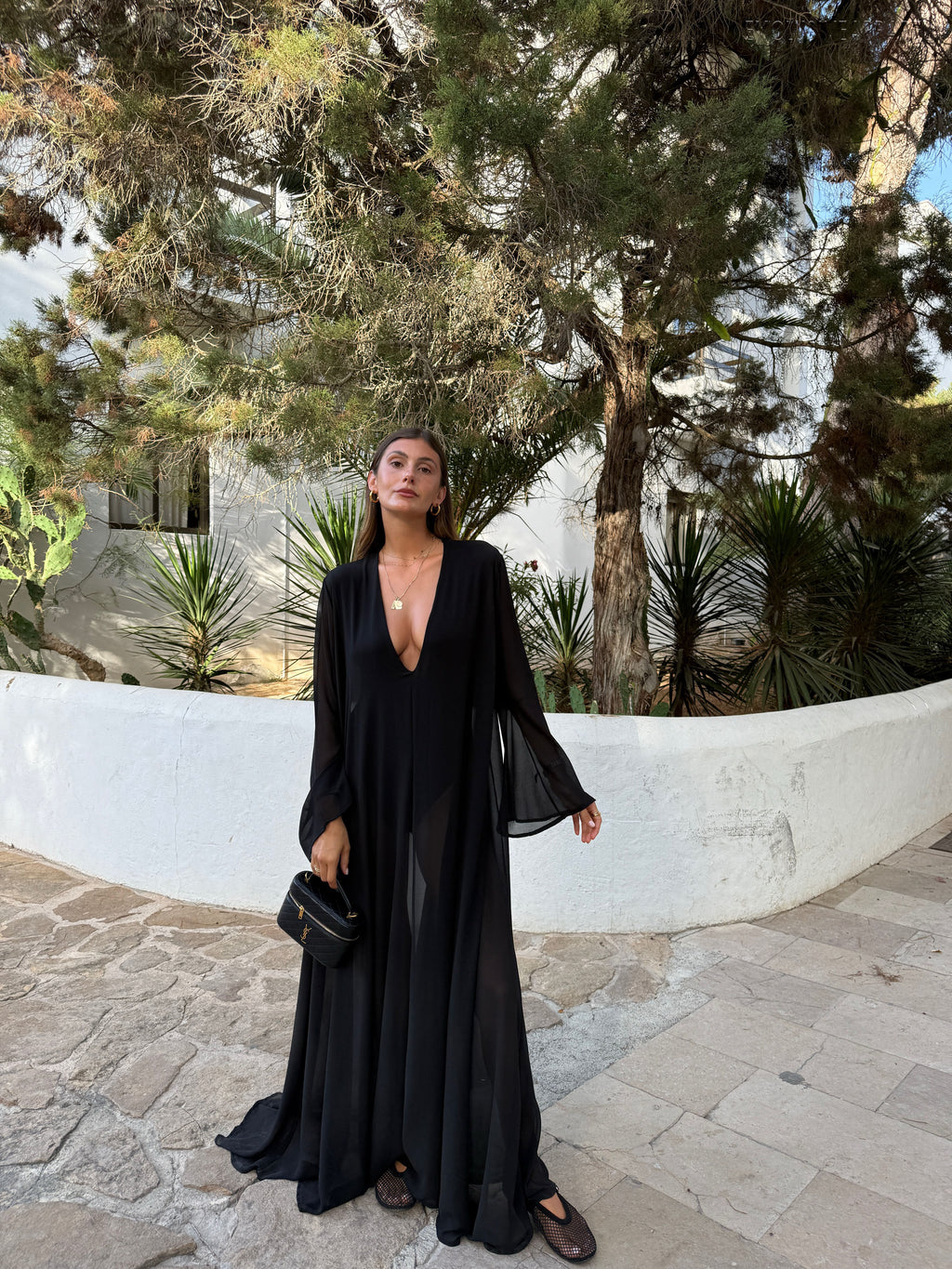 Guinevere Black Deep V-Neck Flared Sleeve Long Dress