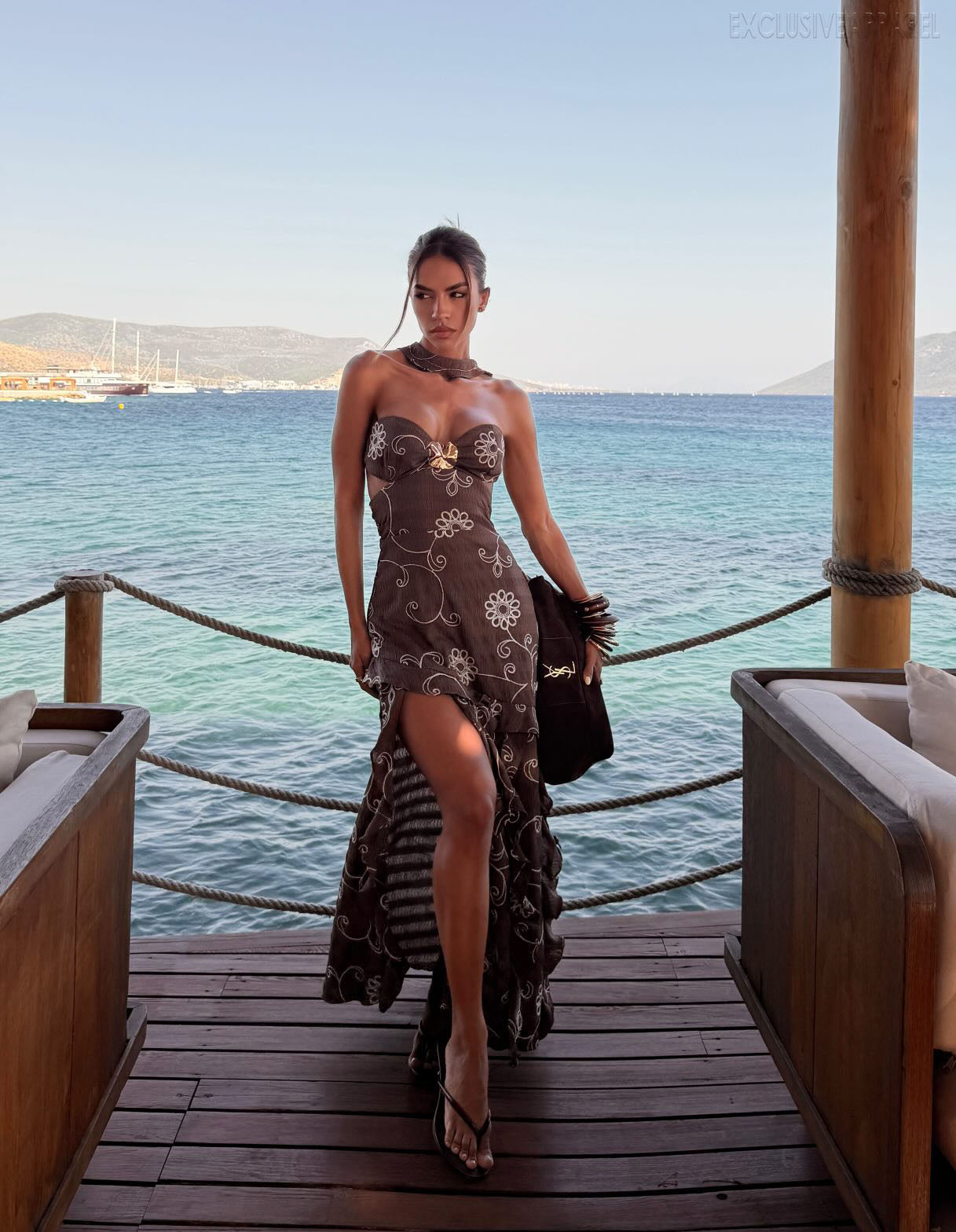 Piper Brown Strapless Sheer Dress