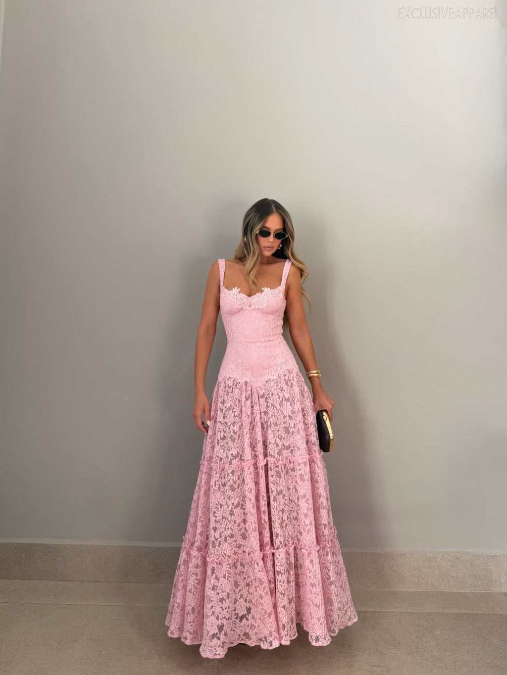 Luciana Pink Wide-Shoulder Layered Long Dress
