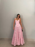 Luciana Pink Wide-Shoulder Layered Long Dress