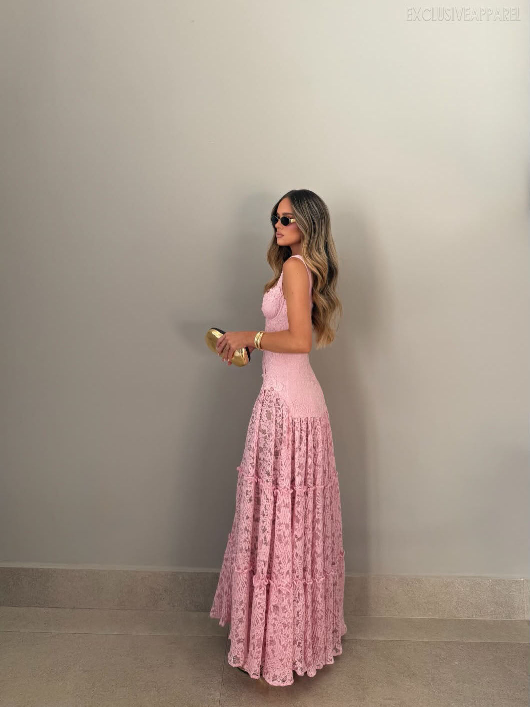 Luciana Pink Wide-Shoulder Layered Long Dress