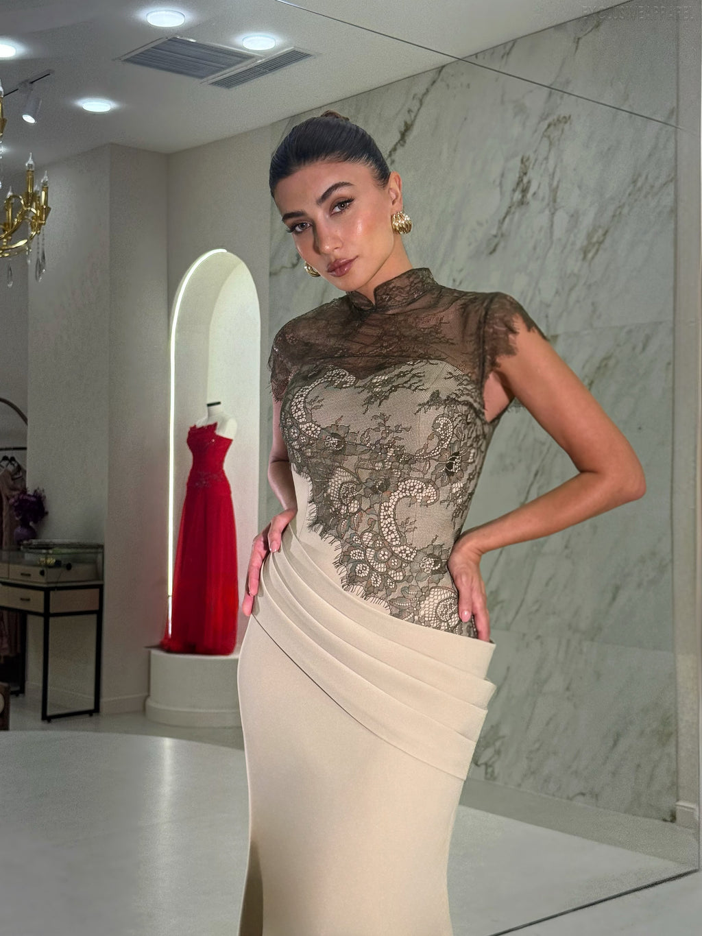 Emma Peach-Colored High-Necked Halter Dress