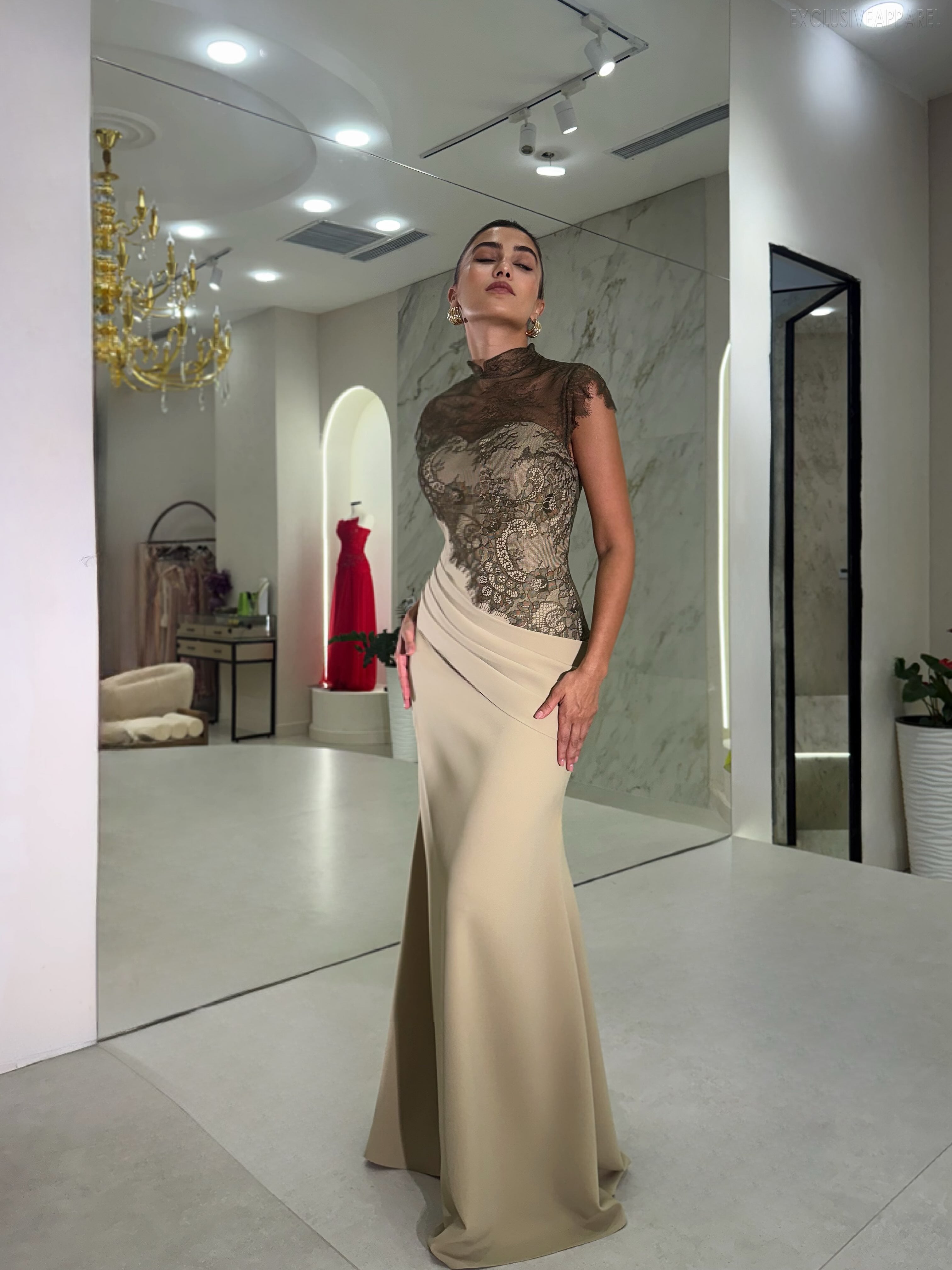 Emma Peach-Colored High-Necked Halter Dress