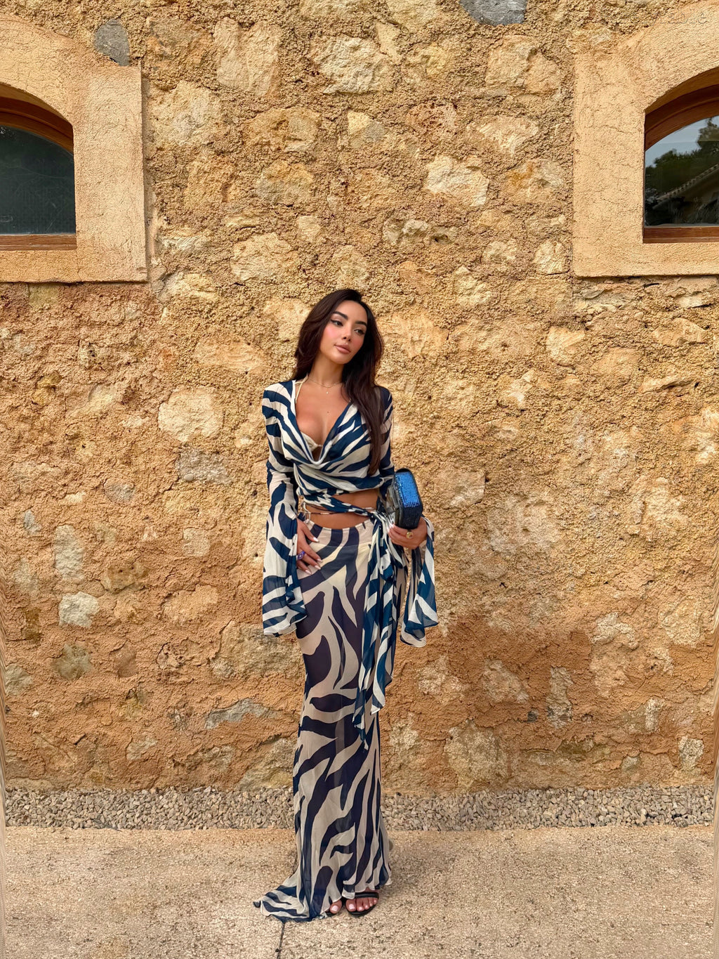 Calliope Dark Blue Zebra-print Deep V-neck Dress