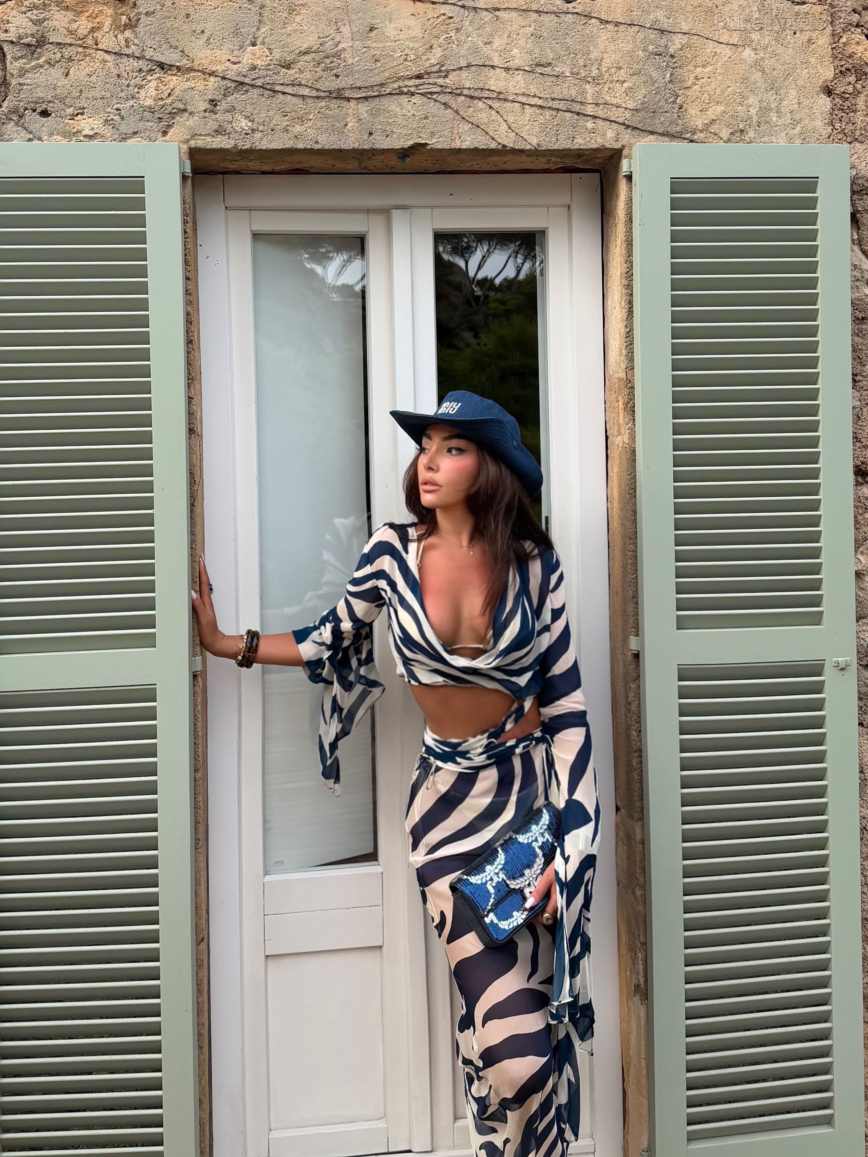 Calliope Dark Blue Zebra-print Deep V-neck Dress