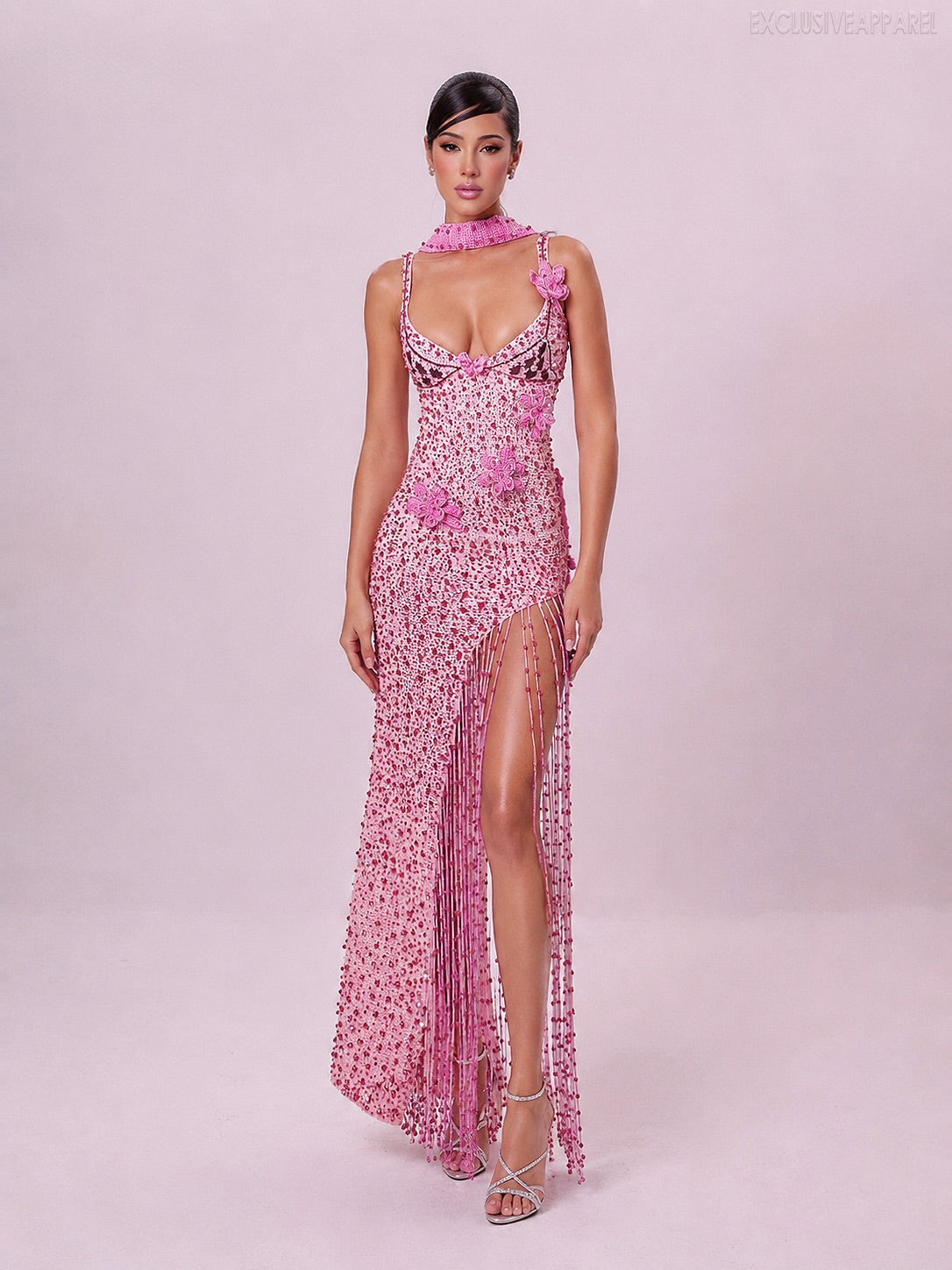 Penelope Pink Thin Shoulder Strap Fringed Slit Long Dress