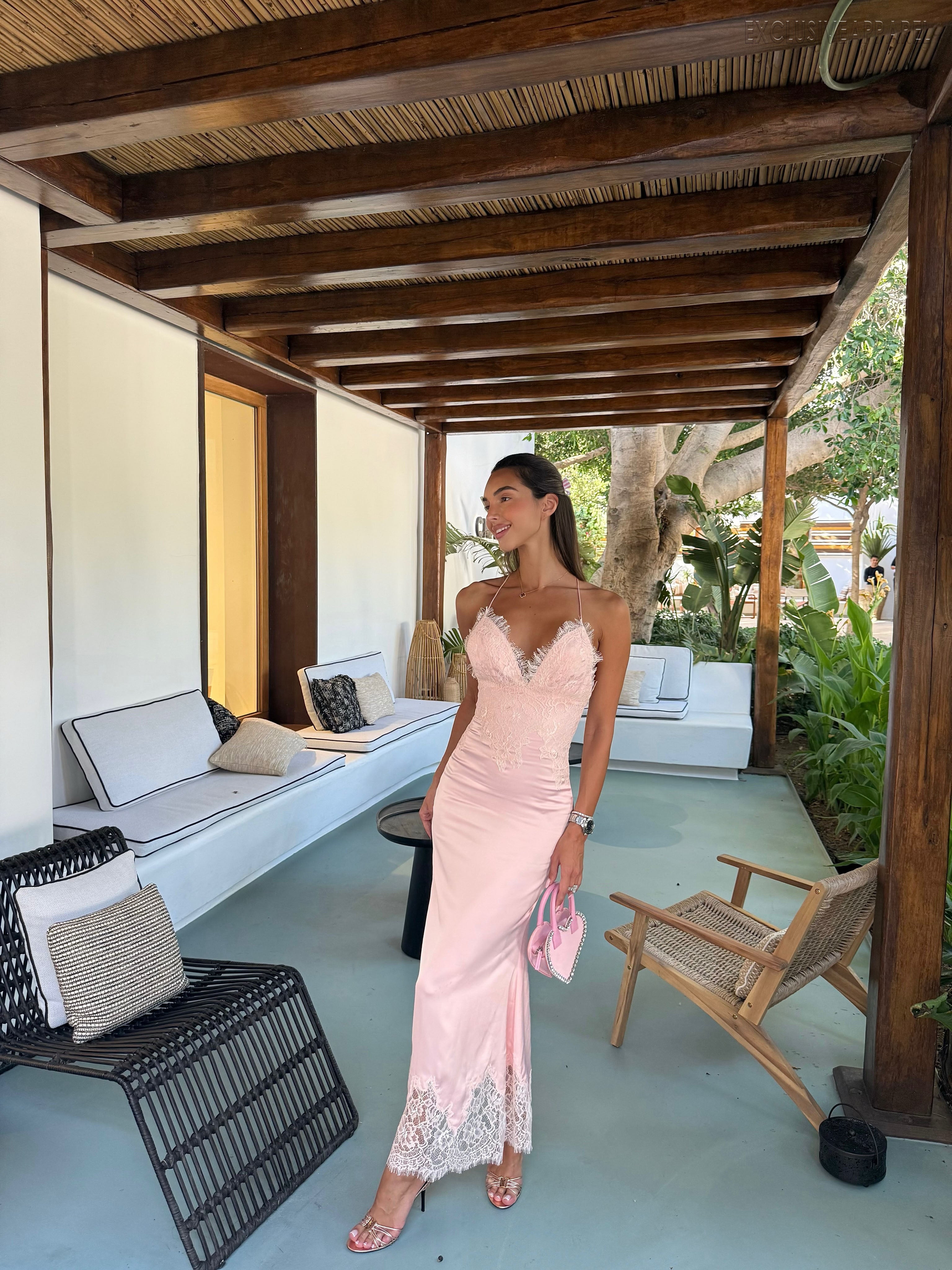 Coraline Pink Satin Fine Chiffon A-line Evening Dress