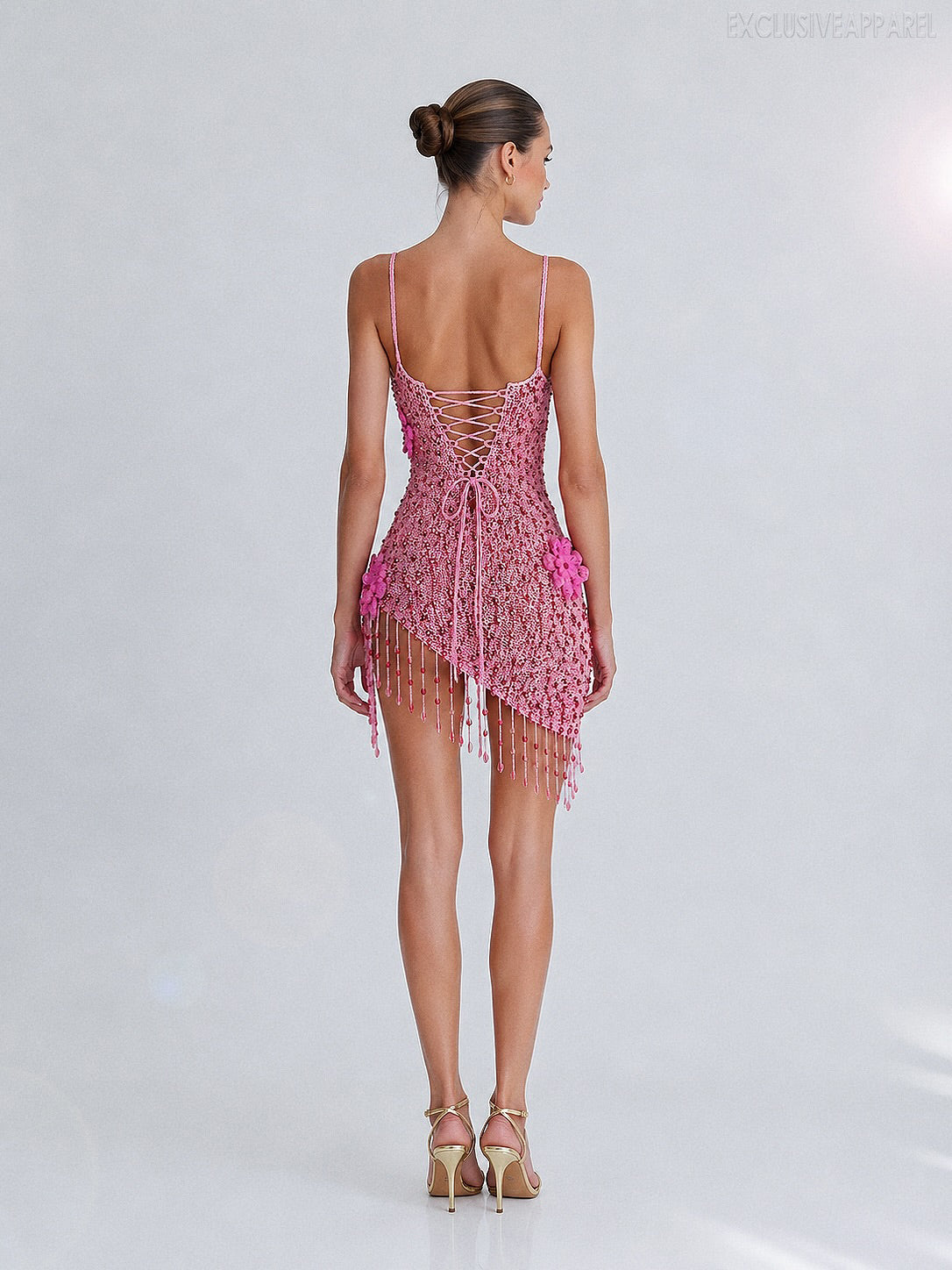 Zoey Pink Fringed Short Dress With Thin Shoulder Straps