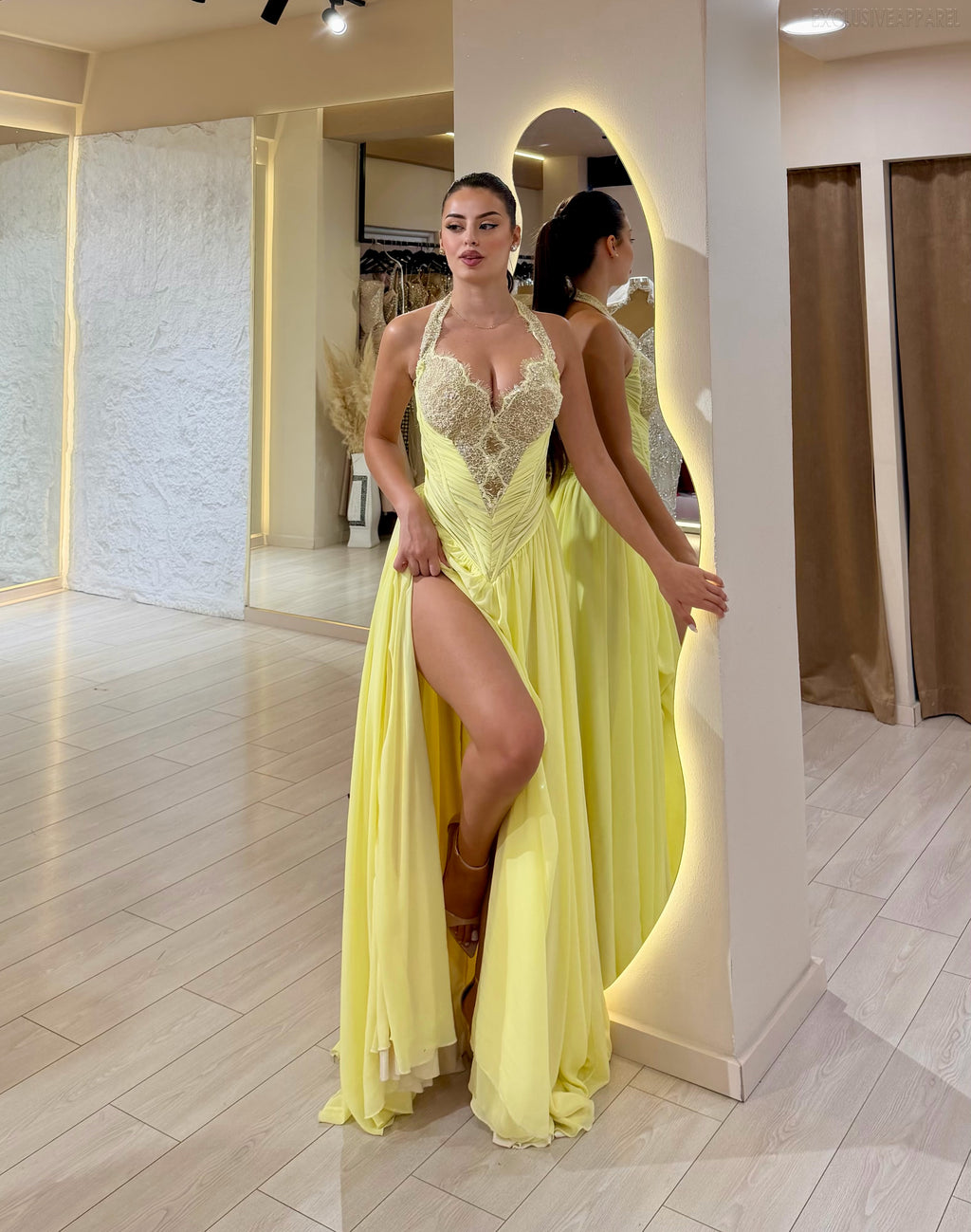 Julia Yellow Long-Sleeved High Slit Wrap-Around Dress