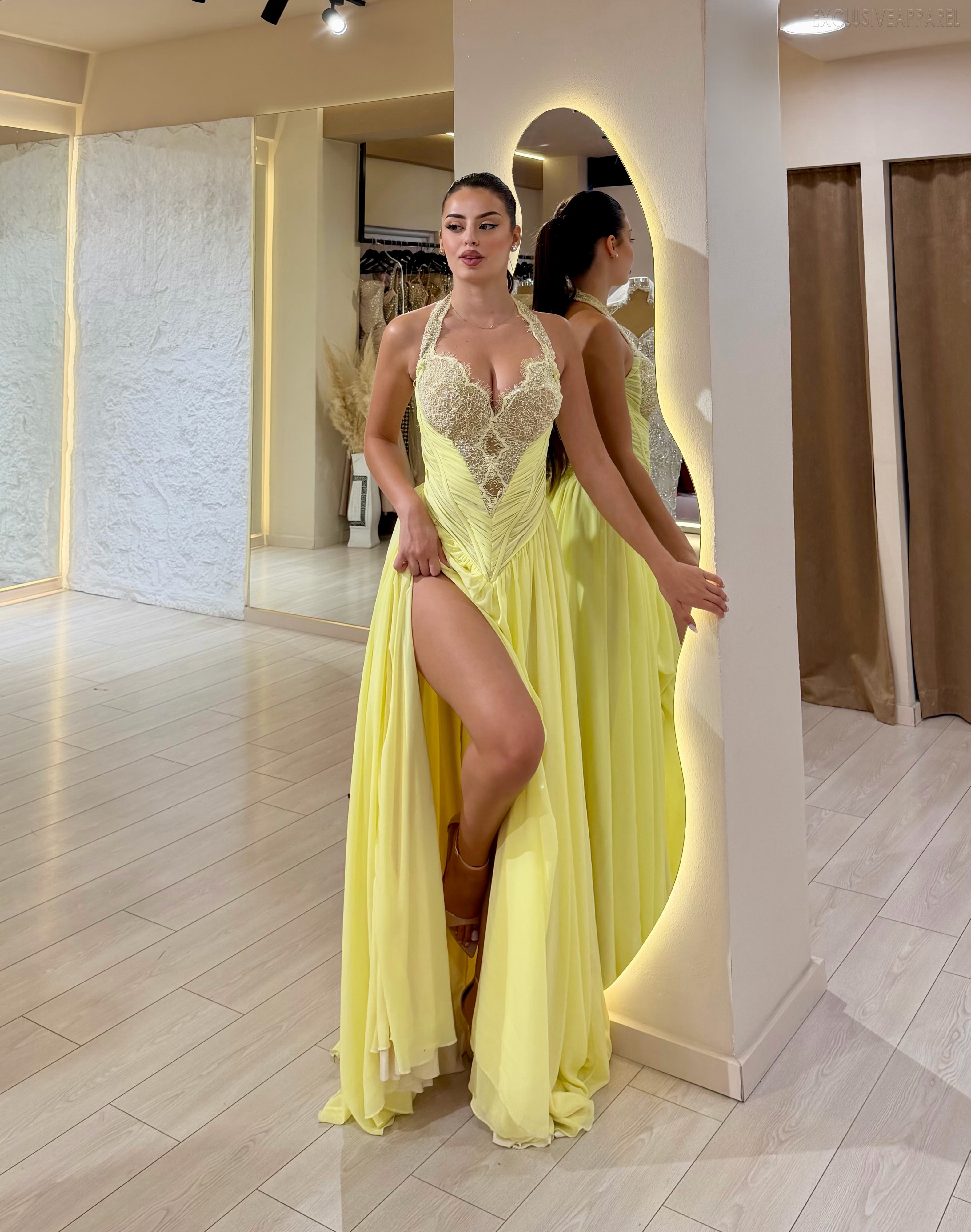 Julia Yellow Long-Sleeved High Slit Wrap-Around Dress