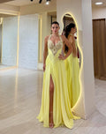 Julia Yellow Long-Sleeved High Slit Wrap-Around Dress
