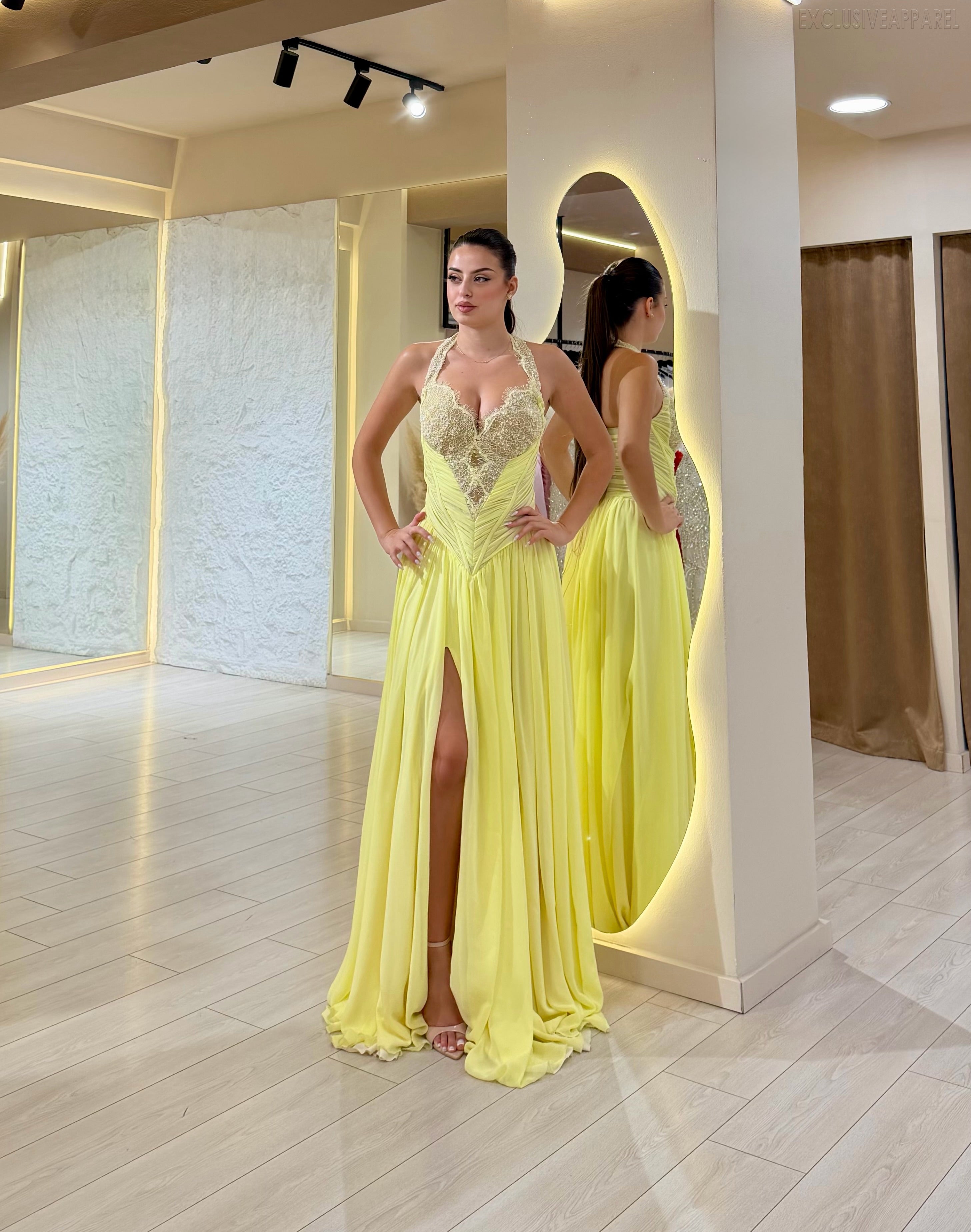 Julia Yellow Long-Sleeved High Slit Wrap-Around Dress